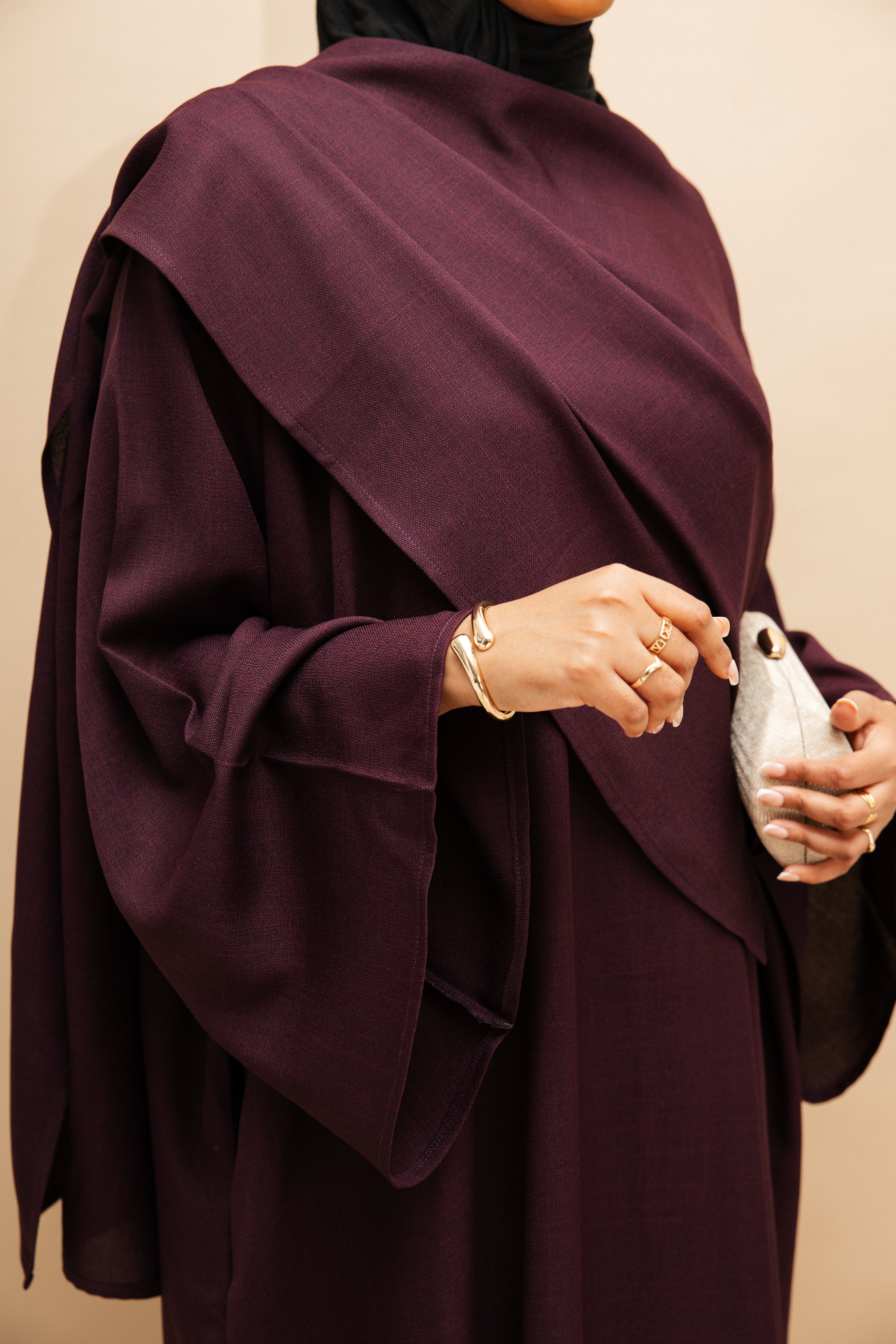 Plum Asymmetric Shawl Abaya | Nida Linen Fabric | Asymmetric Shawl Design | Concealed Buttons | Flowing Silhouette | Casual & Formal Style