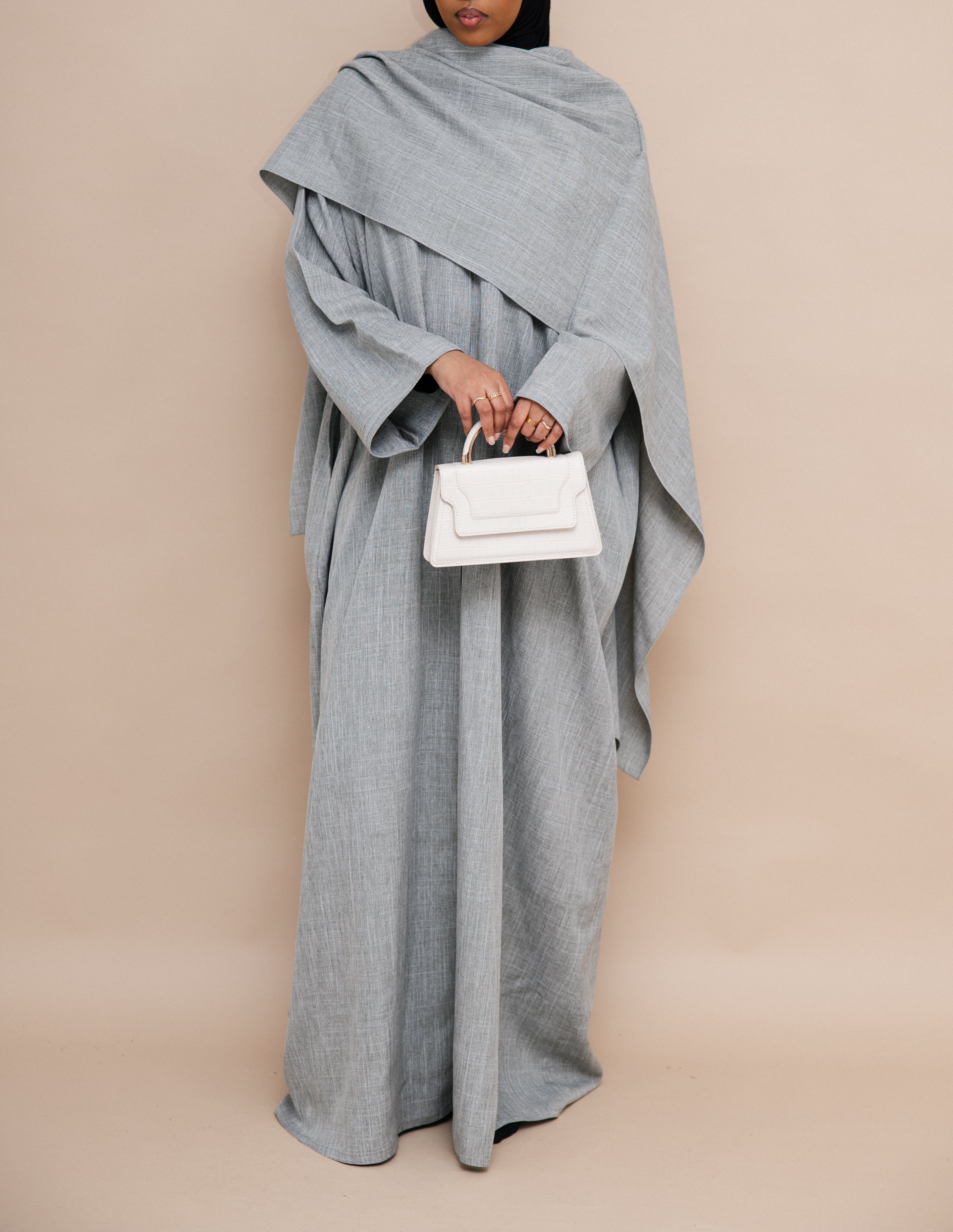 Closed Cloak Silver Abaya | Nida Linen Fabric | Concealed Buttons | Sharp Cuffs | Flowing Silhouette | Casual & Formal Style