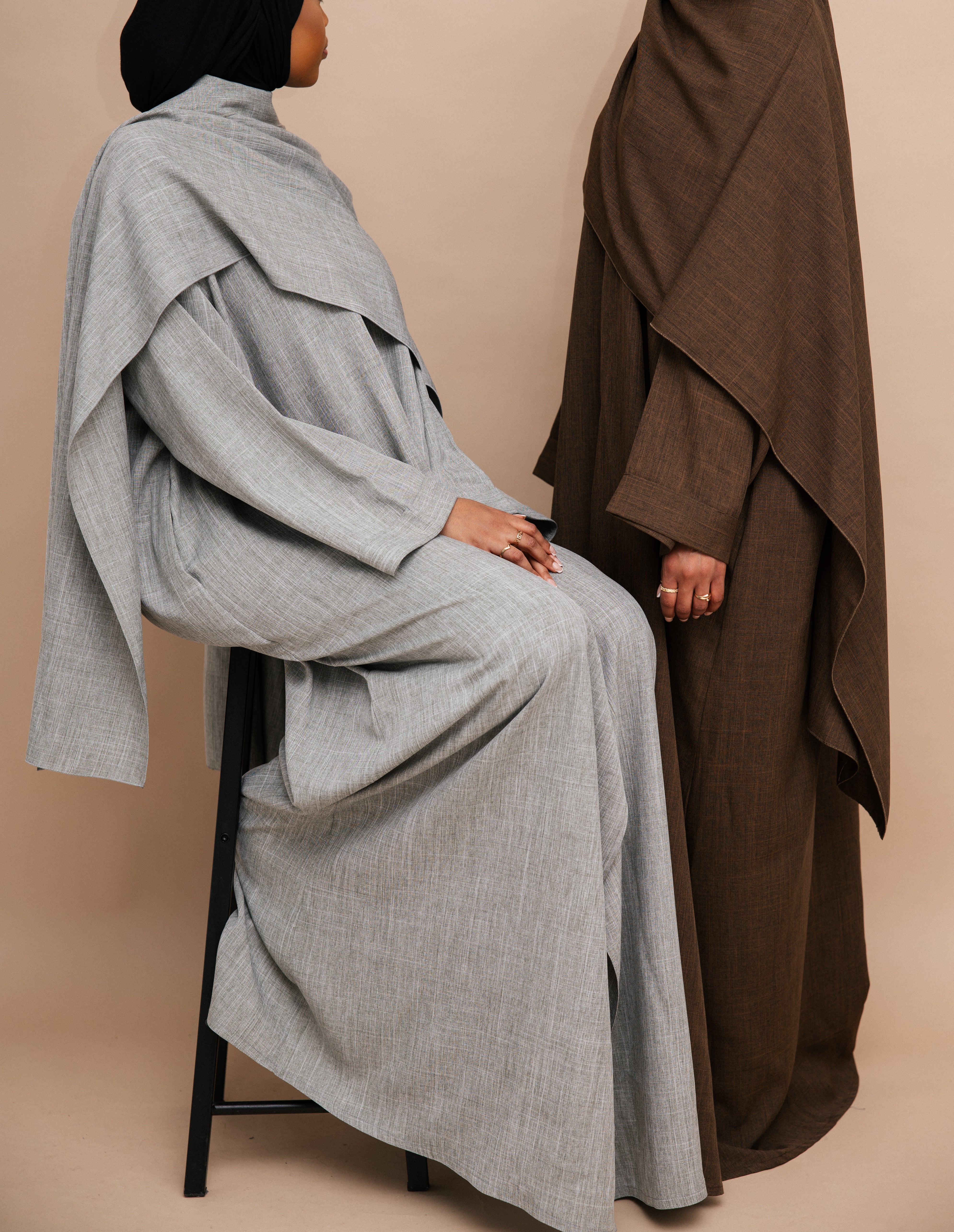 Closed Cloak Mocha Abaya | Nida Linen Fabric | Concealed Buttons | Sharp Cuffs | Flowing Silhouette | Casual & Formal Style