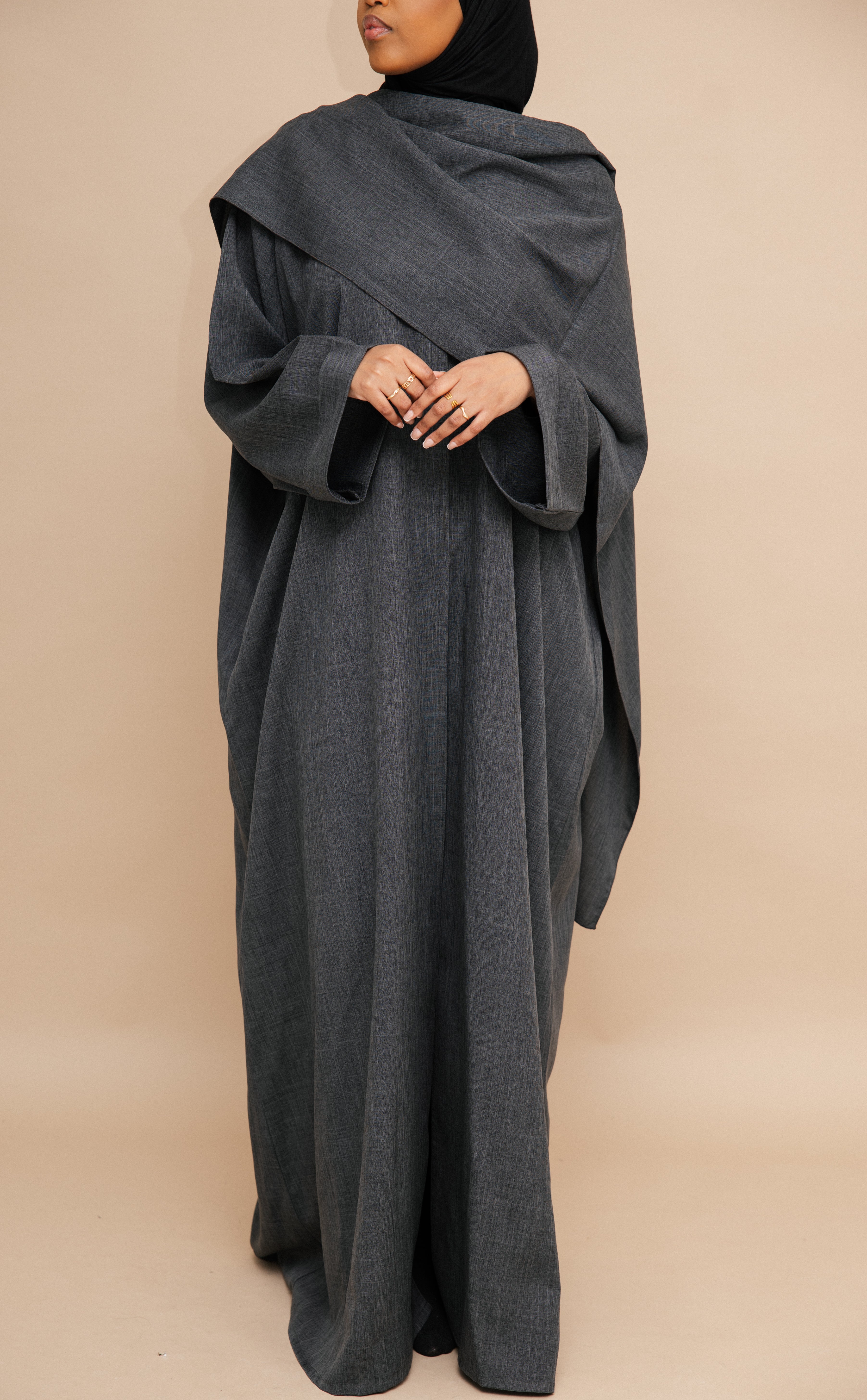 Grey Cloak Abaya | Nida Linen Fabric | Concealed Buttons | Sharp Cuffs | Flowing Silhouette | Casual & Formal Style