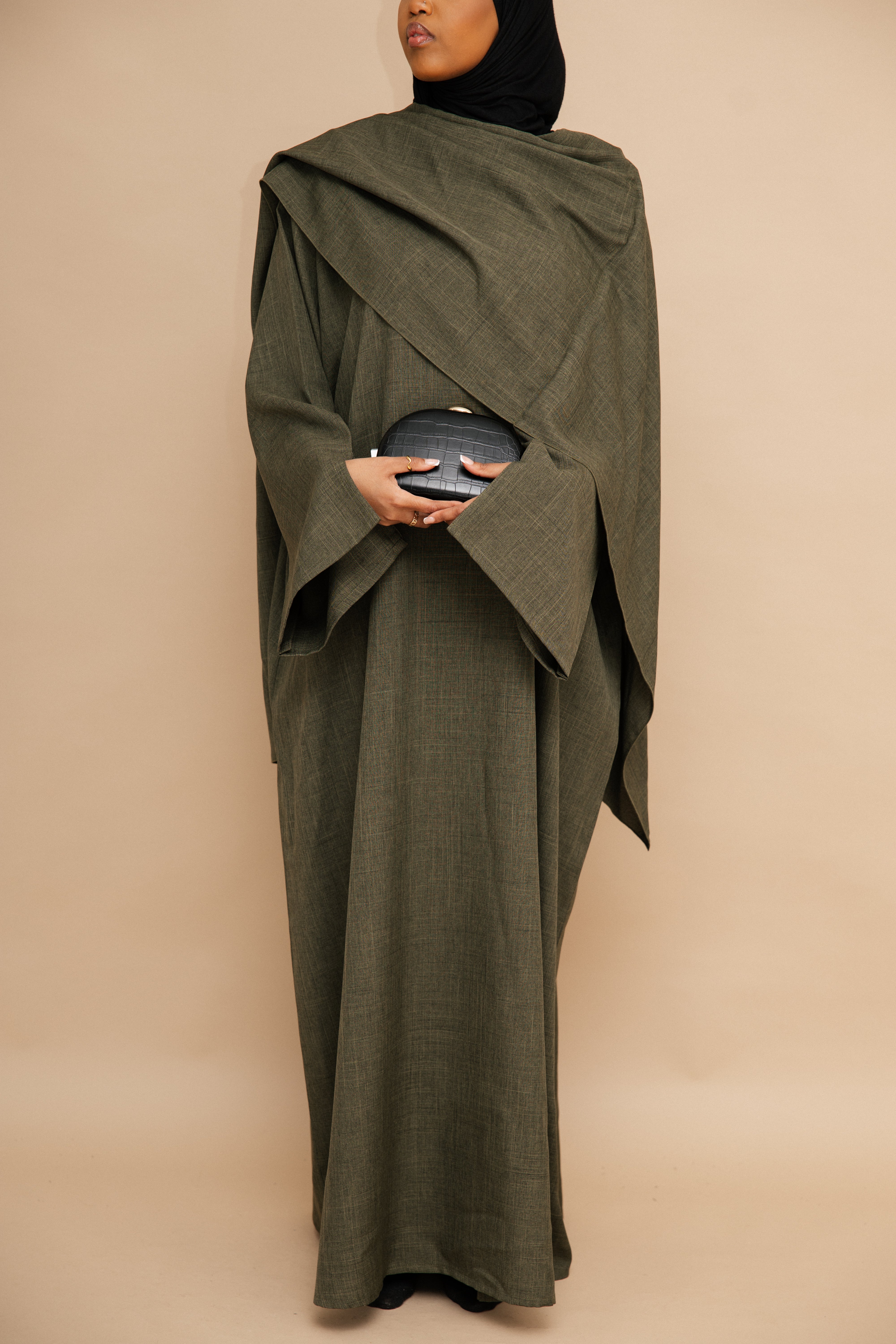 Closed Cloak Olive Abaya | Nida Linen Fabric | Concealed Buttons | Sharp Cuffs | Flowing Silhouette | Casual & Formal Style