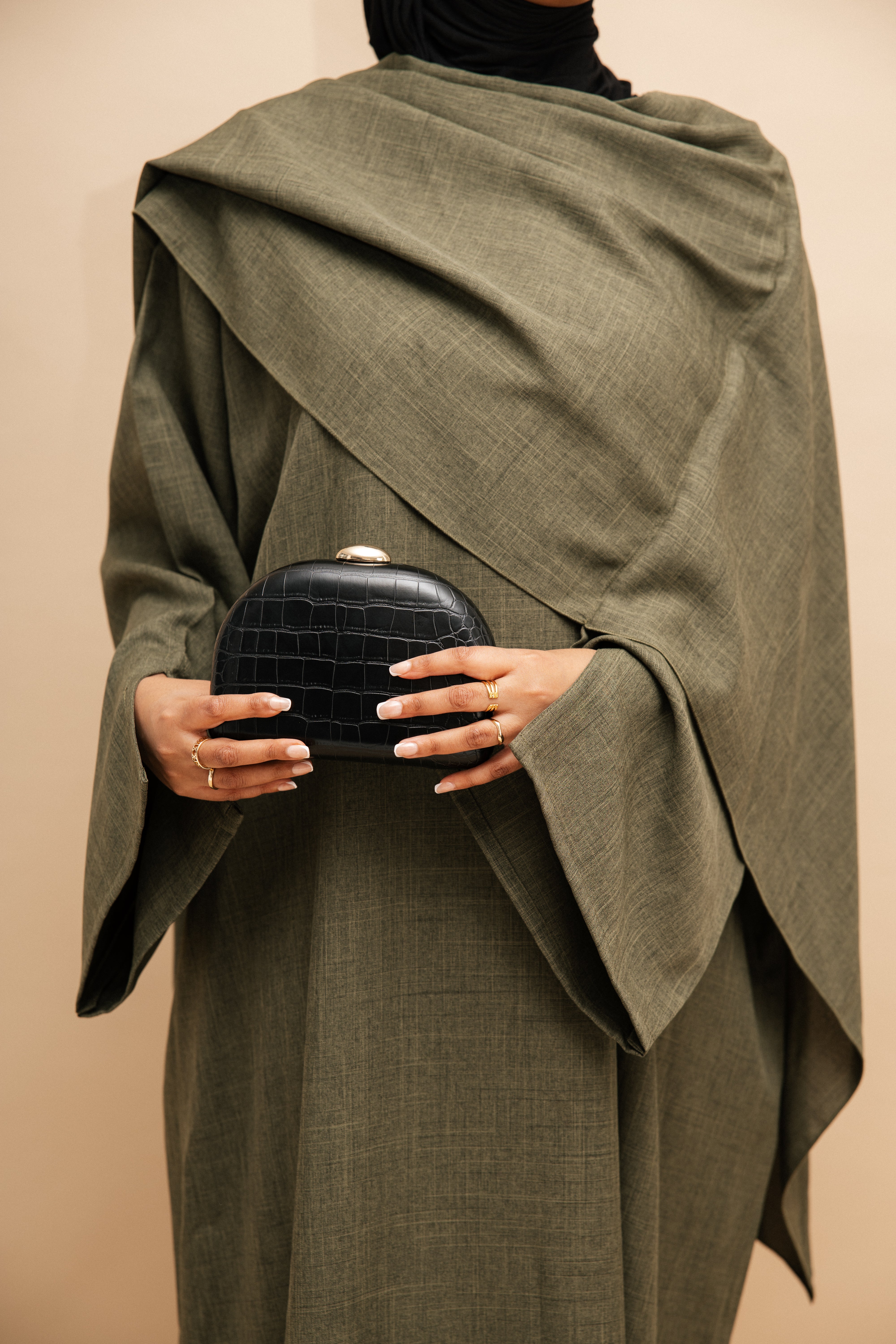 Closed Cloak Olive Abaya | Nida Linen Fabric | Concealed Buttons | Sharp Cuffs | Flowing Silhouette | Casual & Formal Style