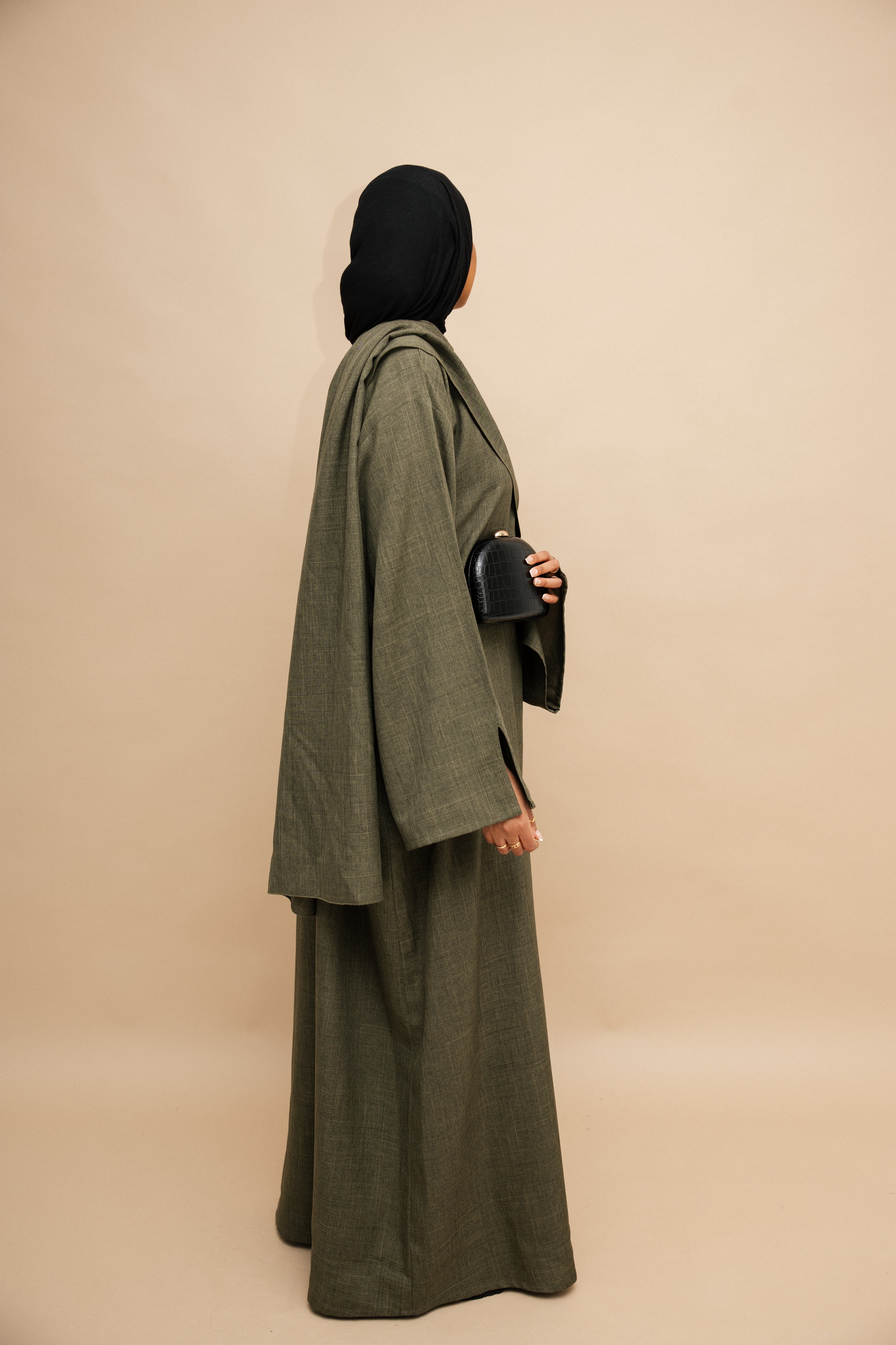 Closed Cloak Olive Abaya | Nida Linen Fabric | Concealed Buttons | Sharp Cuffs | Flowing Silhouette | Casual & Formal Style