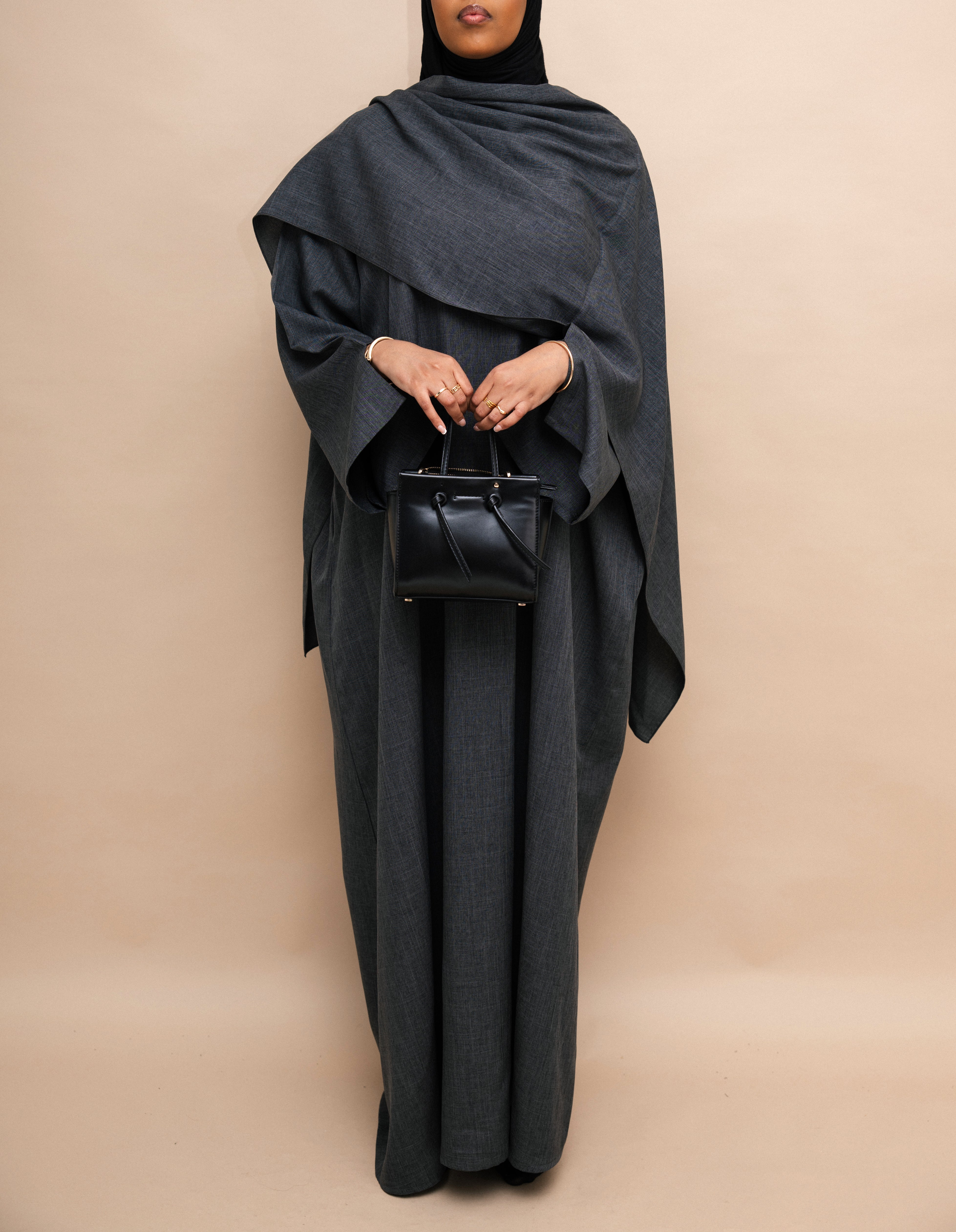 Closed Cloak Grey Abaya | Nida Linen Fabric | Concealed Buttons | Sharp Cuffs | Flowing Silhouette | Casual & Formal Style