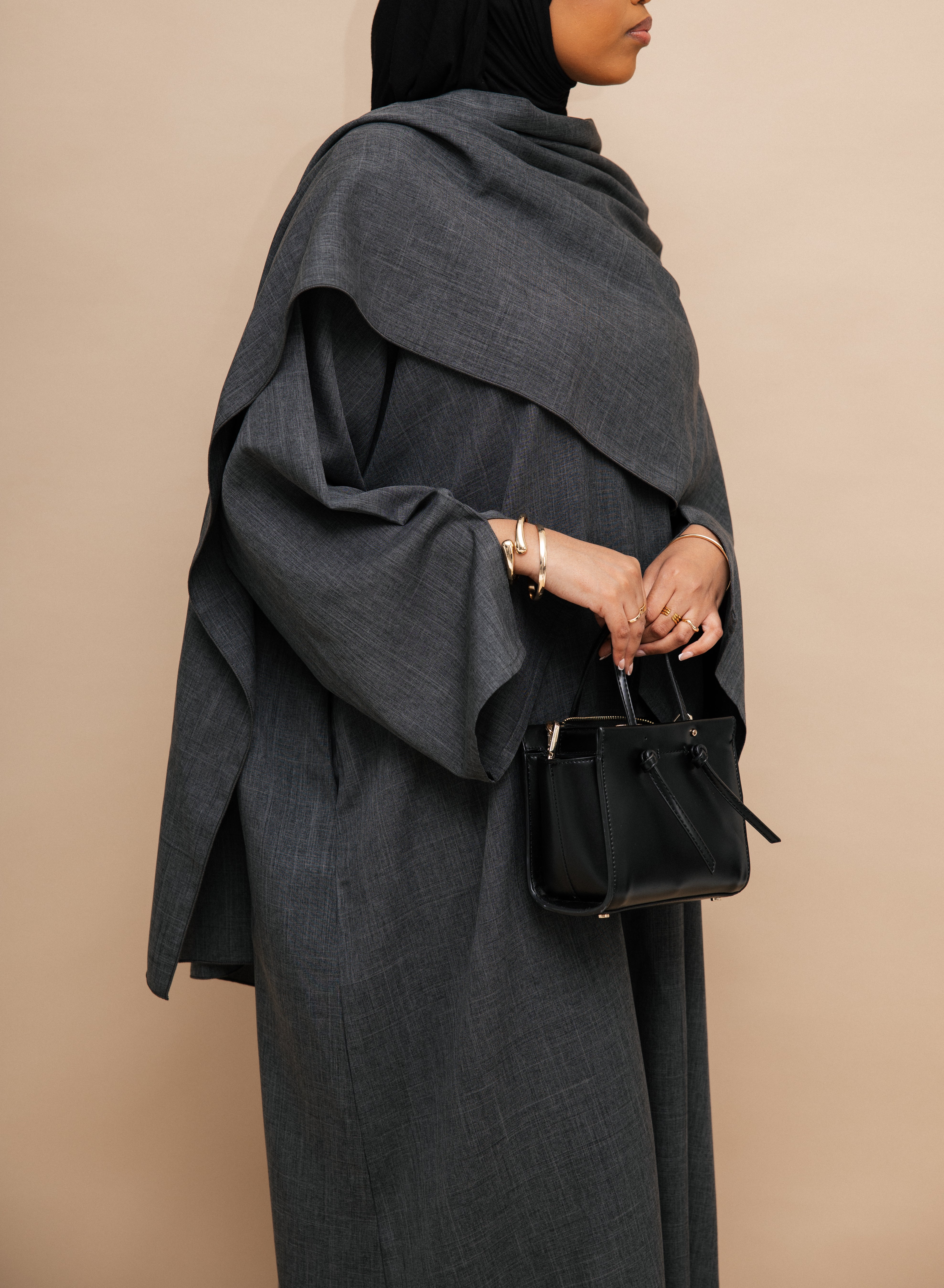 Closed Cloak Grey Abaya | Nida Linen Fabric | Concealed Buttons | Sharp Cuffs | Flowing Silhouette | Casual & Formal Style