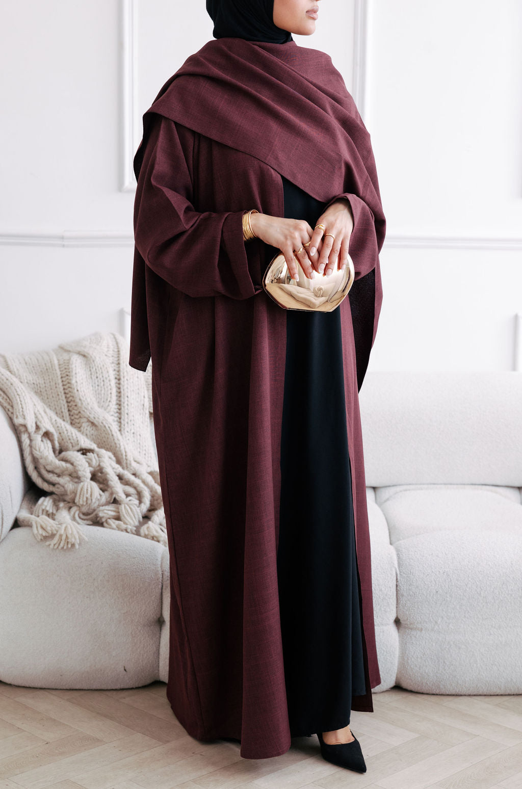 Burgundy Cloak Abaya | Nida Linen Fabric | Concealed Buttons | Sharp Cuffs | Flowing Silhouette | Casual & Formal Style