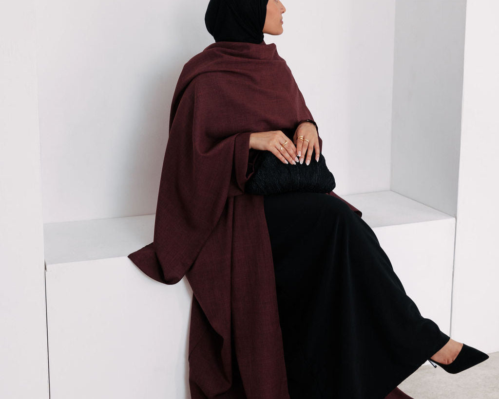 Burgundy Cloak Abaya | Nida Linen Fabric | Concealed Buttons | Sharp Cuffs | Flowing Silhouette | Casual & Formal Style