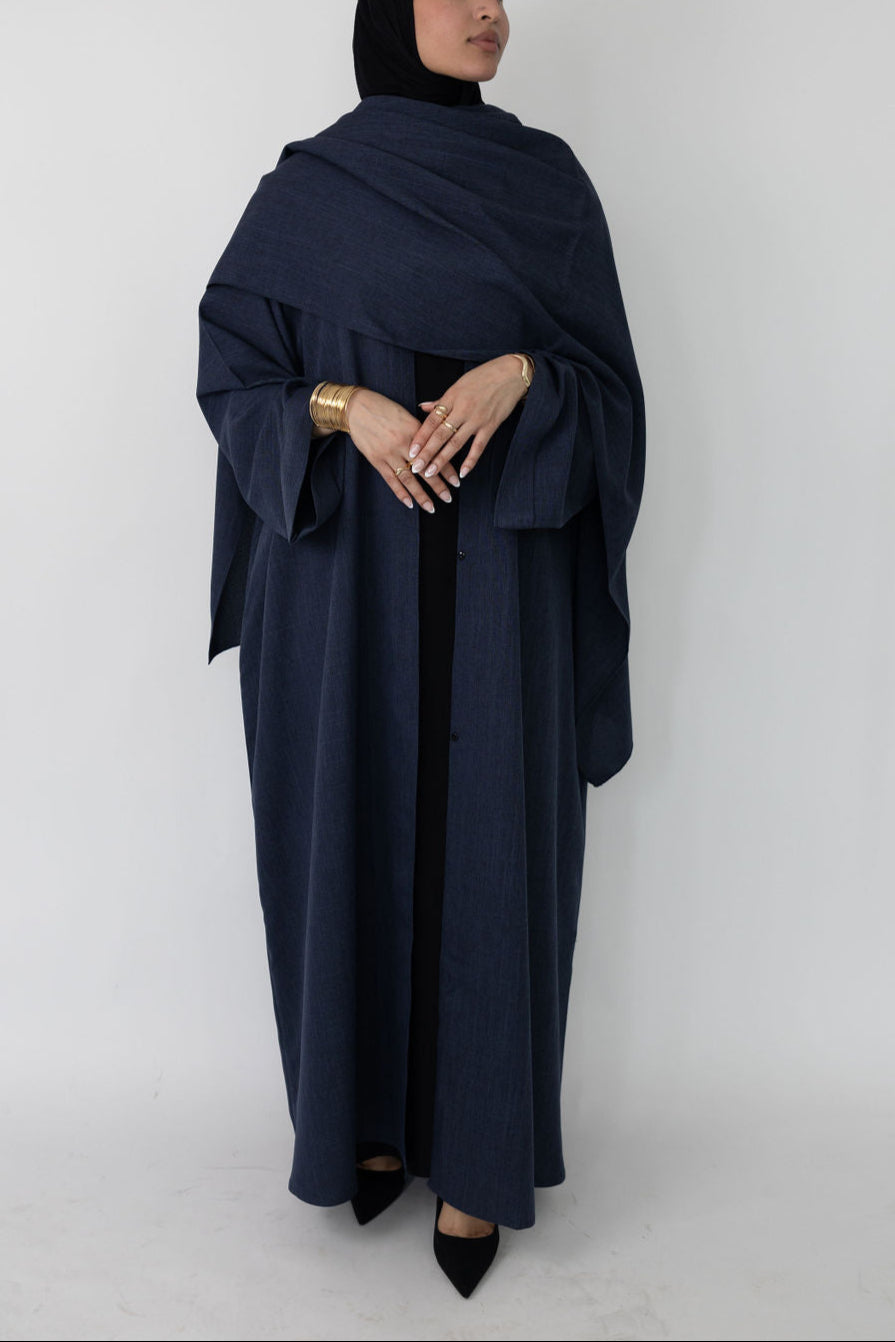 Navy Cloak Abaya | Nida Linen Fabric | Concealed Buttons | Sharp Cuffs | Flowing Silhouette | Casual & Formal Style