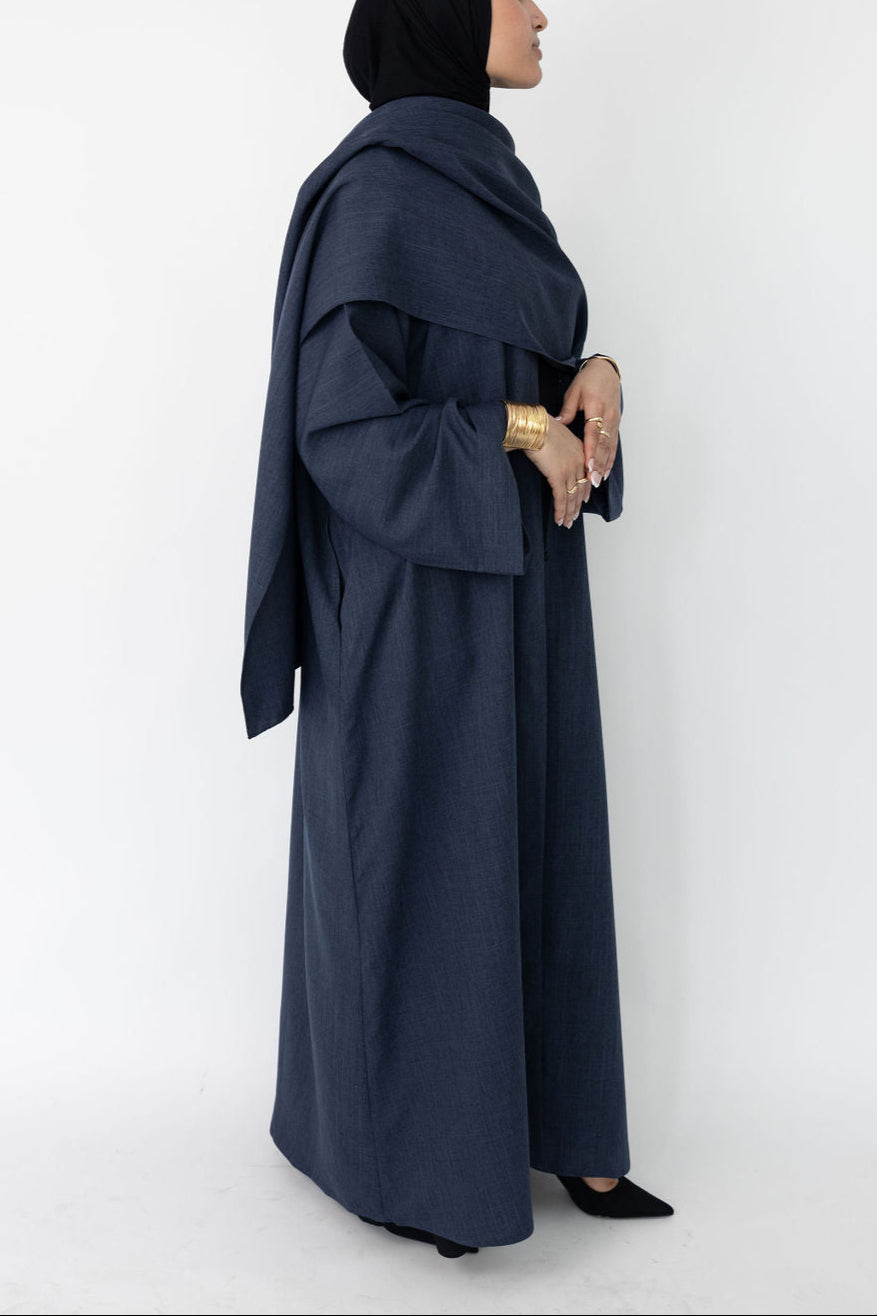 Navy Cloak Abaya | Nida Linen Fabric | Concealed Buttons | Sharp Cuffs | Flowing Silhouette | Casual & Formal Style