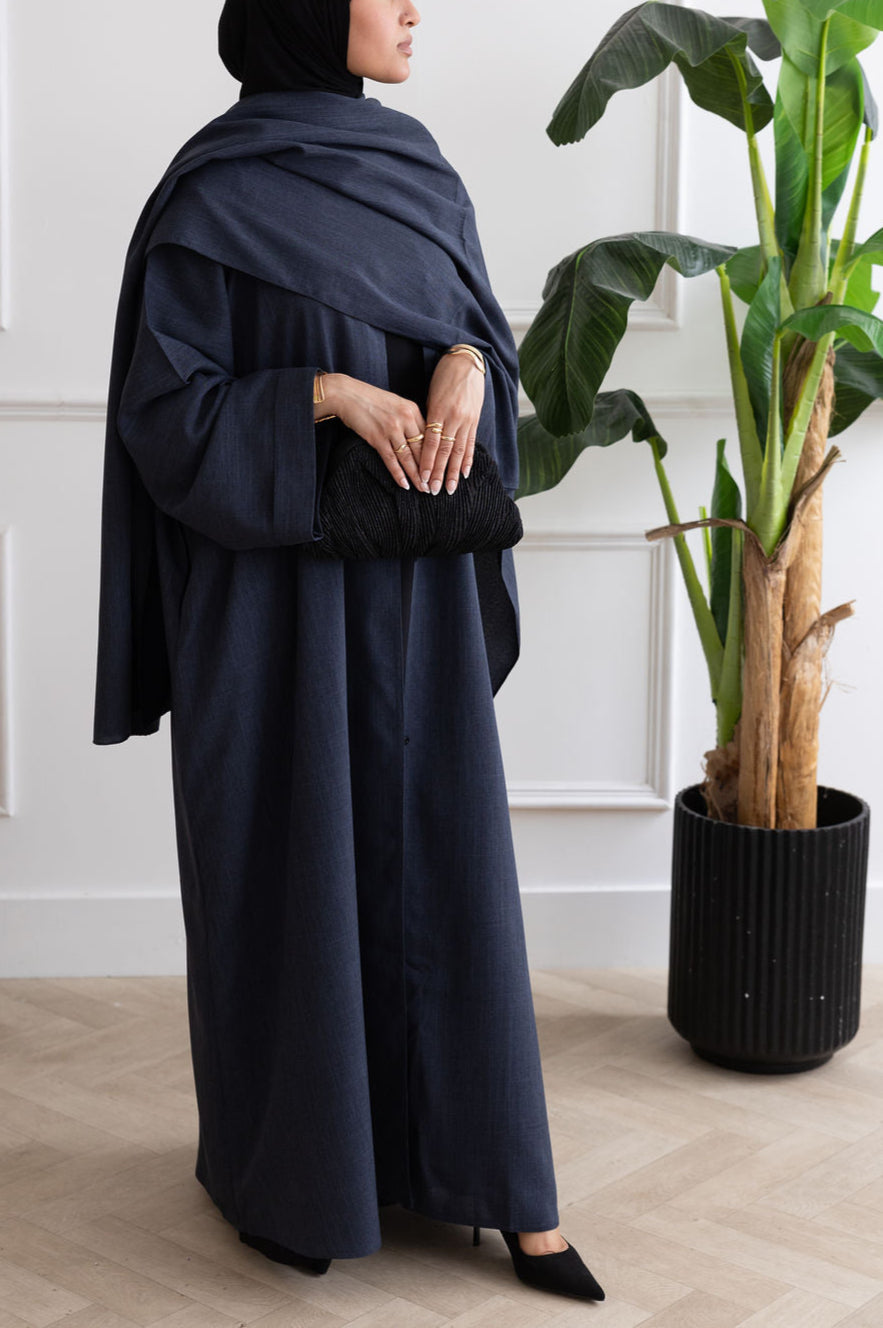 Navy Cloak Abaya | Nida Linen Fabric | Concealed Buttons | Sharp Cuffs | Flowing Silhouette | Casual & Formal Style