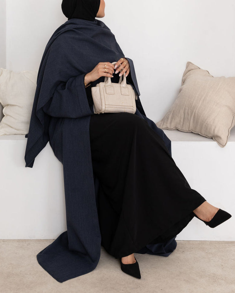 Navy Cloak Abaya | Nida Linen Fabric | Concealed Buttons | Sharp Cuffs | Flowing Silhouette | Casual & Formal Style