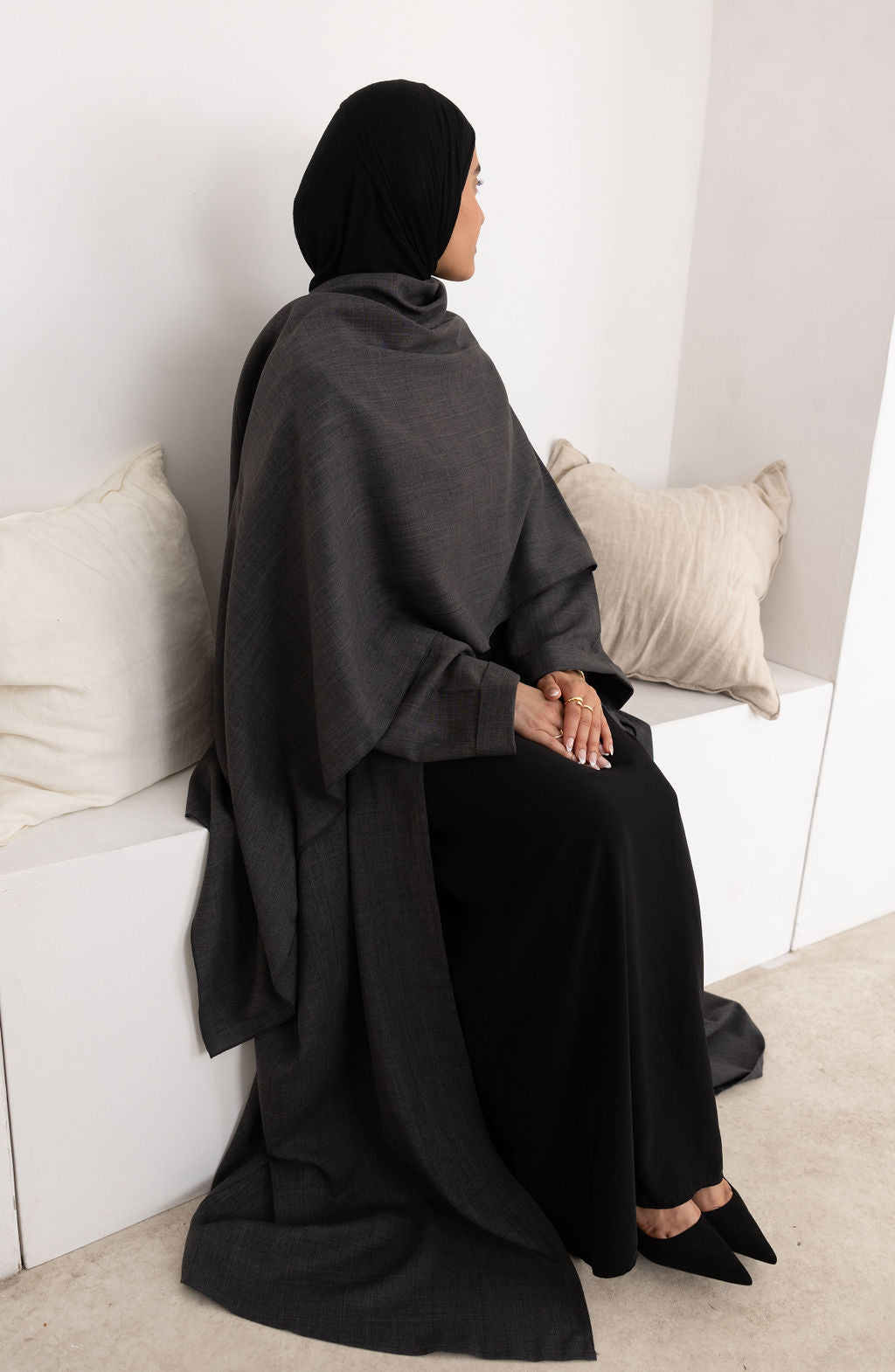 Grey Cloak Abaya | Nida Linen Fabric | Concealed Buttons | Sharp Cuffs | Flowing Silhouette | Casual & Formal Style