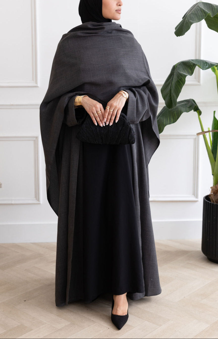 Grey Cloak Abaya | Nida Linen Fabric | Concealed Buttons | Sharp Cuffs | Flowing Silhouette | Casual & Formal Style