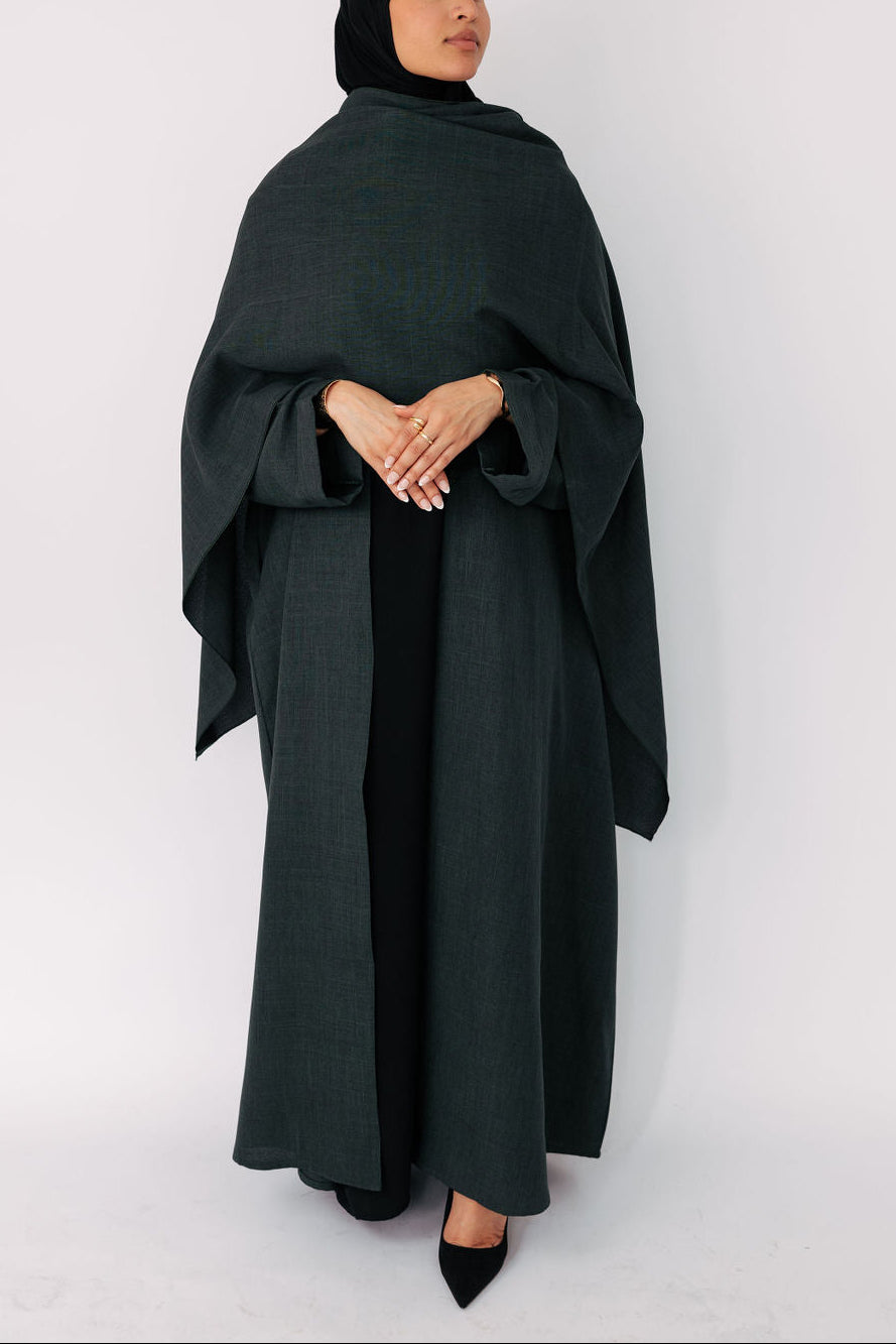 Green Cloak Abaya | Nida Linen Fabric | Concealed Buttons | Sharp Cuffs | Flowing Silhouette | Casual & Formal Style