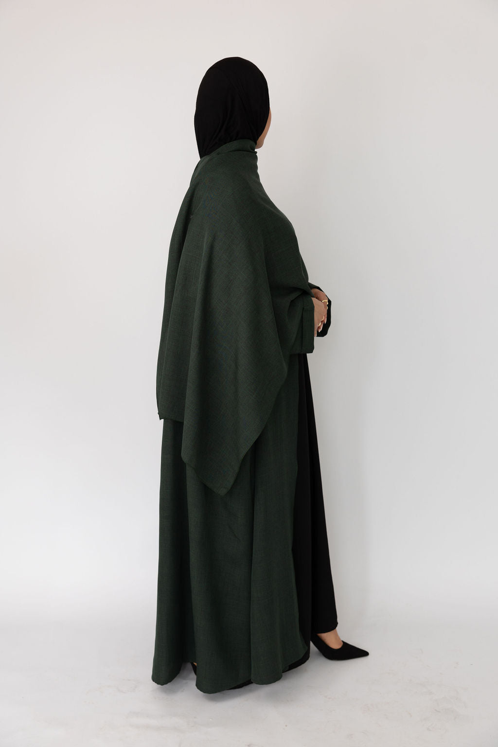 Green Cloak Abaya | Nida Linen Fabric | Concealed Buttons | Sharp Cuffs | Flowing Silhouette | Casual & Formal Style
