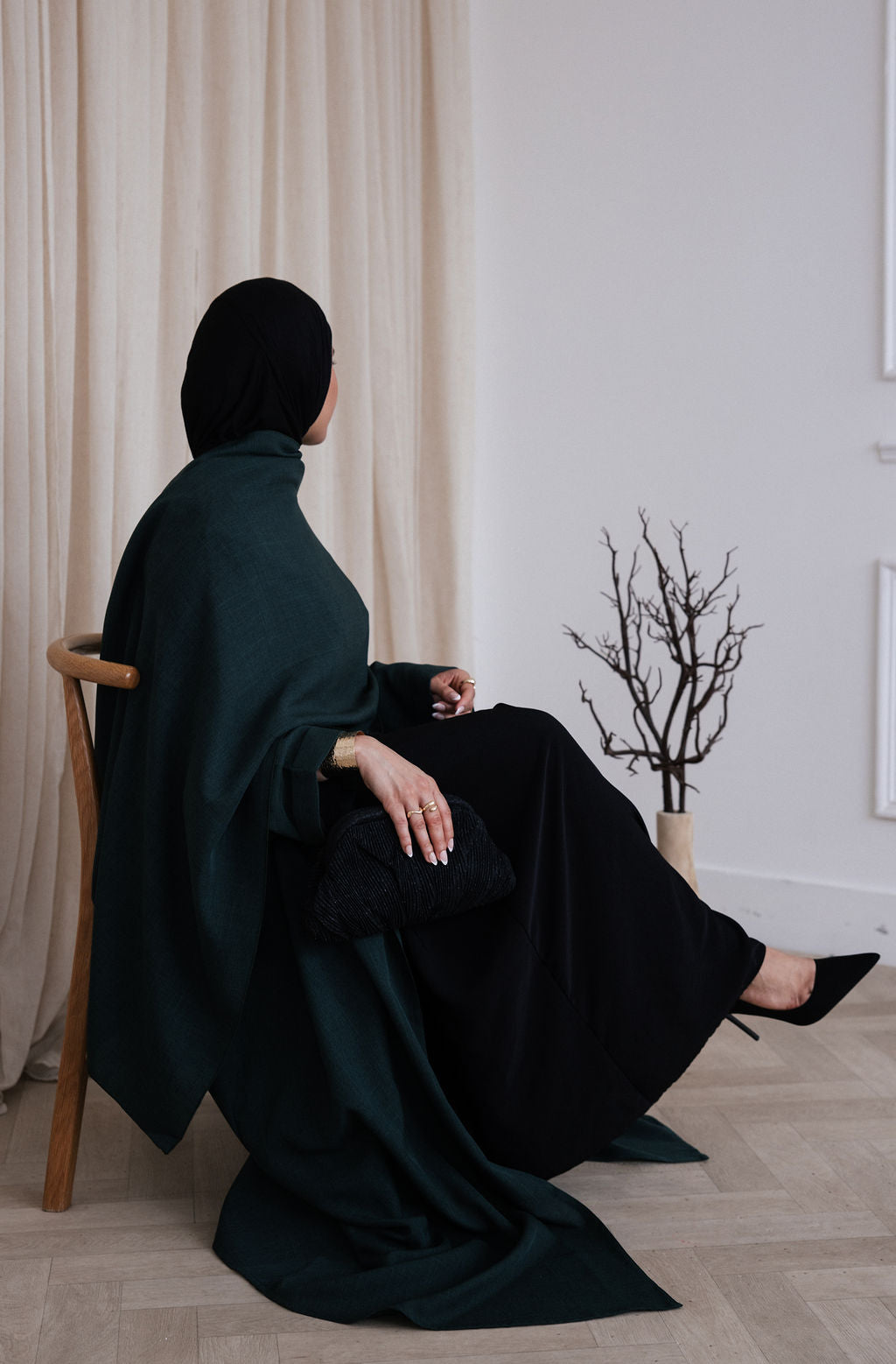 Green Cloak Abaya | Nida Linen Fabric | Concealed Buttons | Sharp Cuffs | Flowing Silhouette | Casual & Formal Style