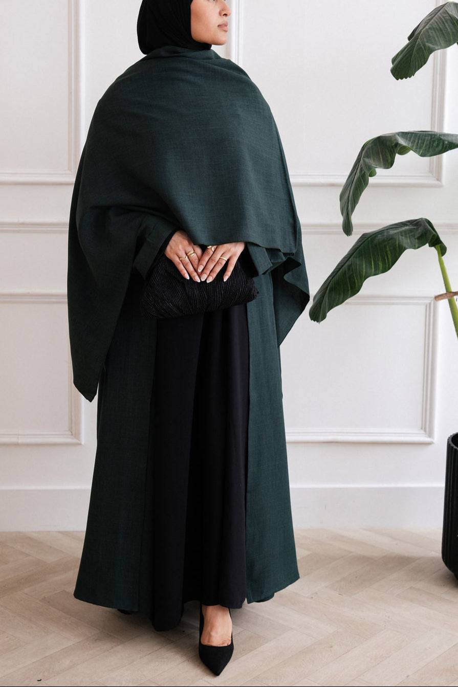 Green Cloak Abaya | Nida Linen Fabric | Concealed Buttons | Sharp Cuffs | Flowing Silhouette | Casual & Formal Style