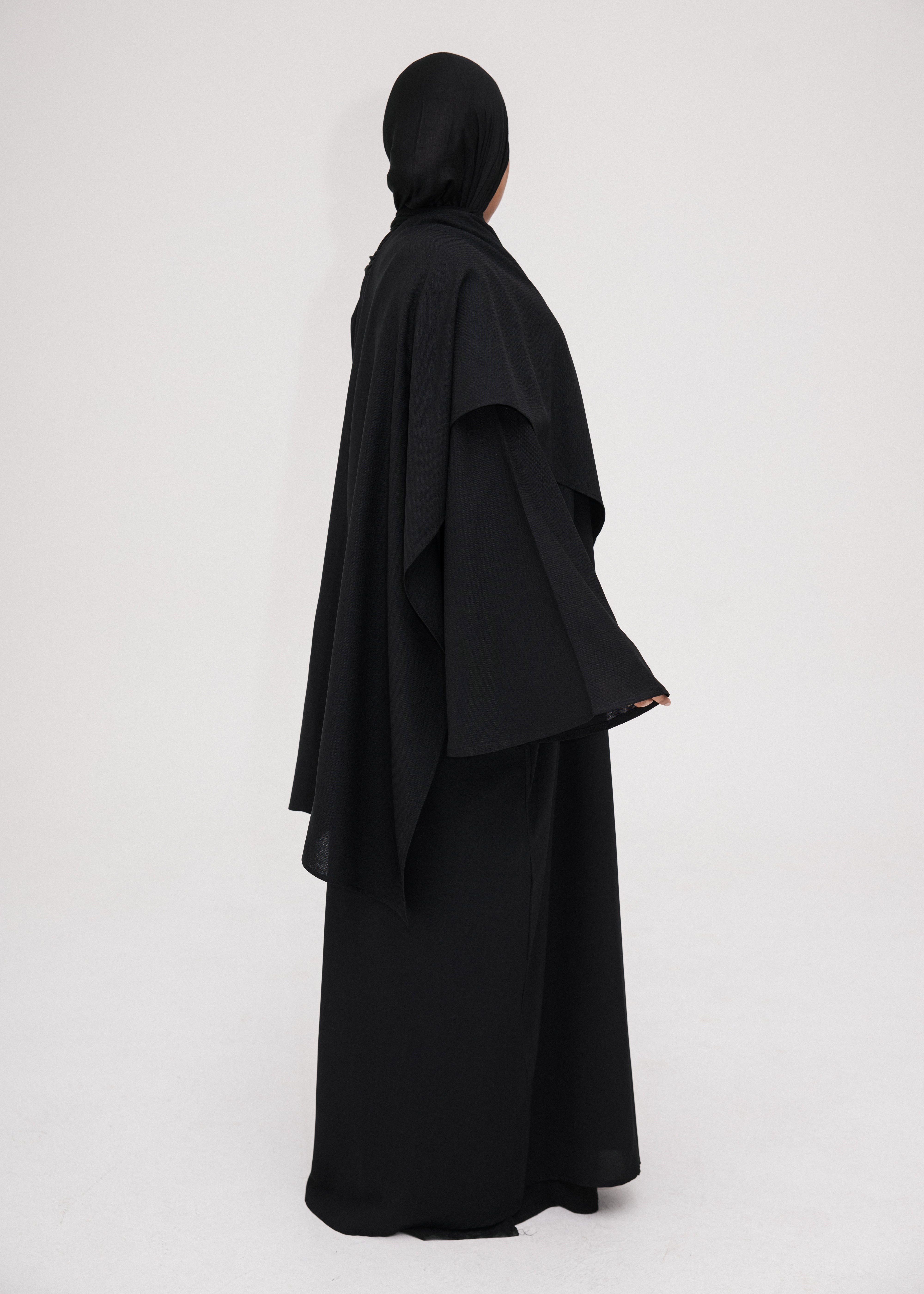 Midnight Asymmetric Shawl Abaya | Nida Linen Fabric | Asymmetric Shawl Design | Concealed Buttons | Flowing Silhouette | Casual & Formal Style