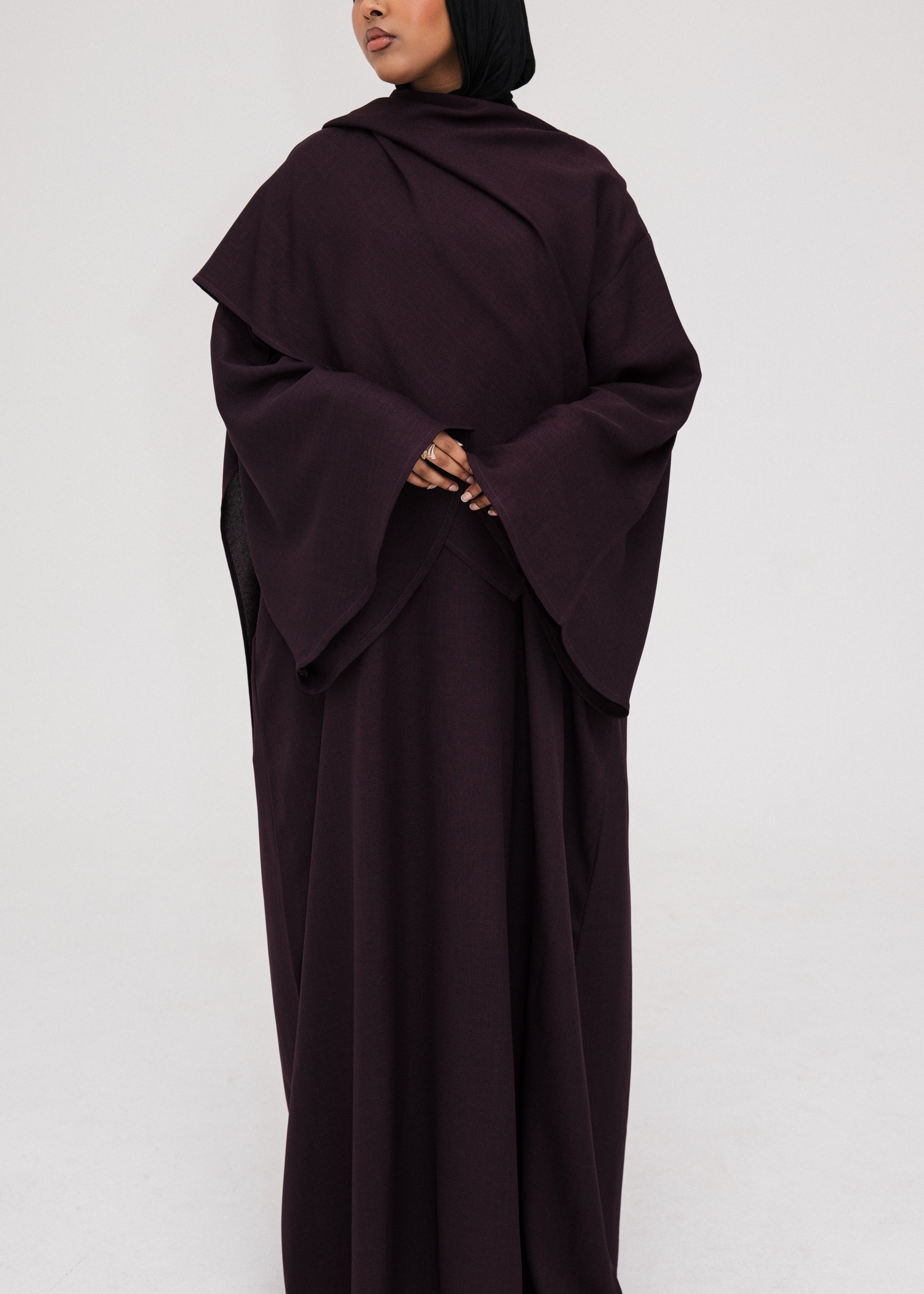 Plum Asymmetric Shawl Abaya | Nida Linen Fabric | Asymmetric Shawl Design | Concealed Buttons | Flowing Silhouette | Casual & Formal Style