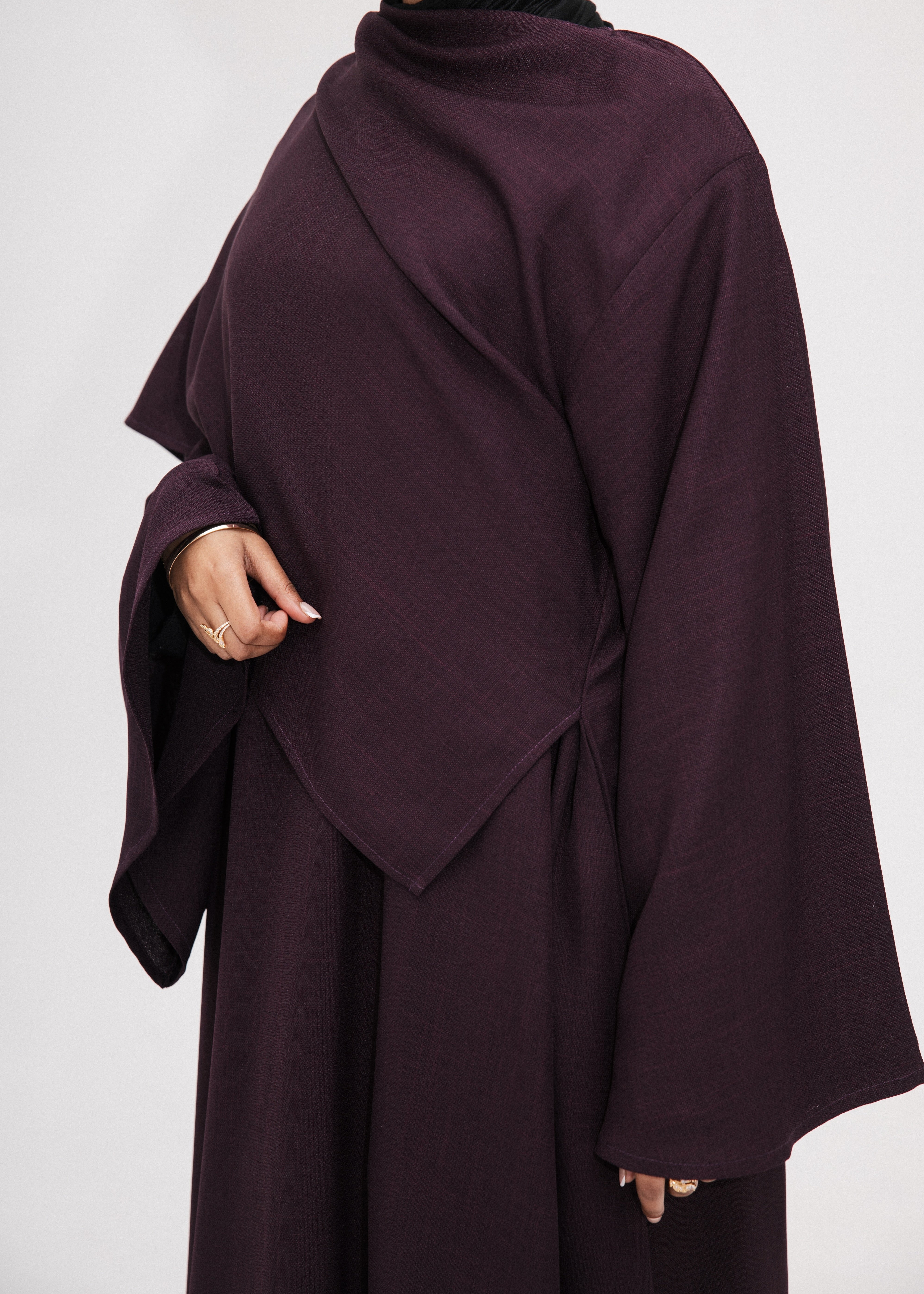 Plum Asymmetric Shawl Abaya | Nida Linen Fabric | Asymmetric Shawl Design | Concealed Buttons | Flowing Silhouette | Casual & Formal Style