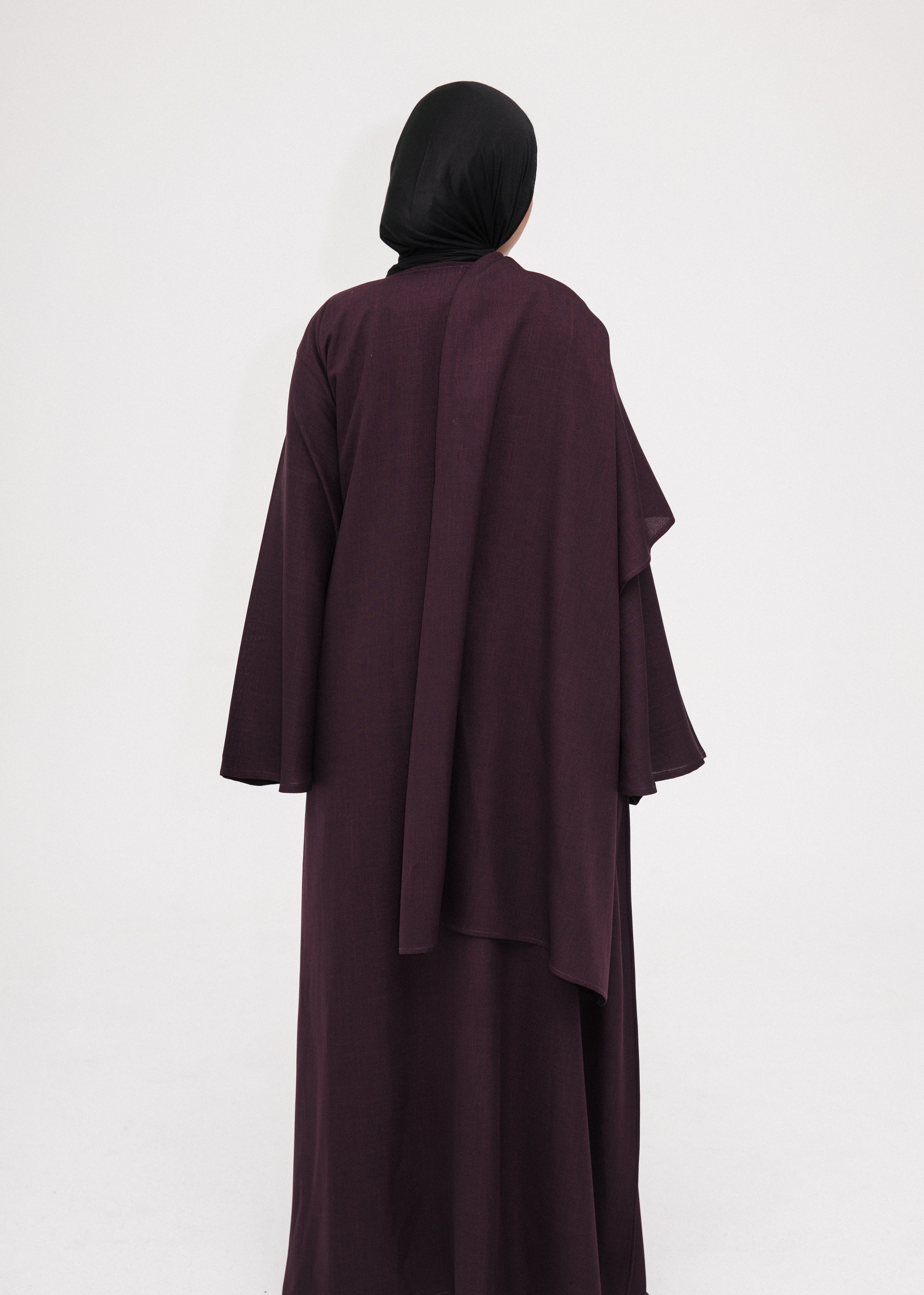 Plum Asymmetric Shawl Abaya | Nida Linen Fabric | Asymmetric Shawl Design | Concealed Buttons | Flowing Silhouette | Casual & Formal Style