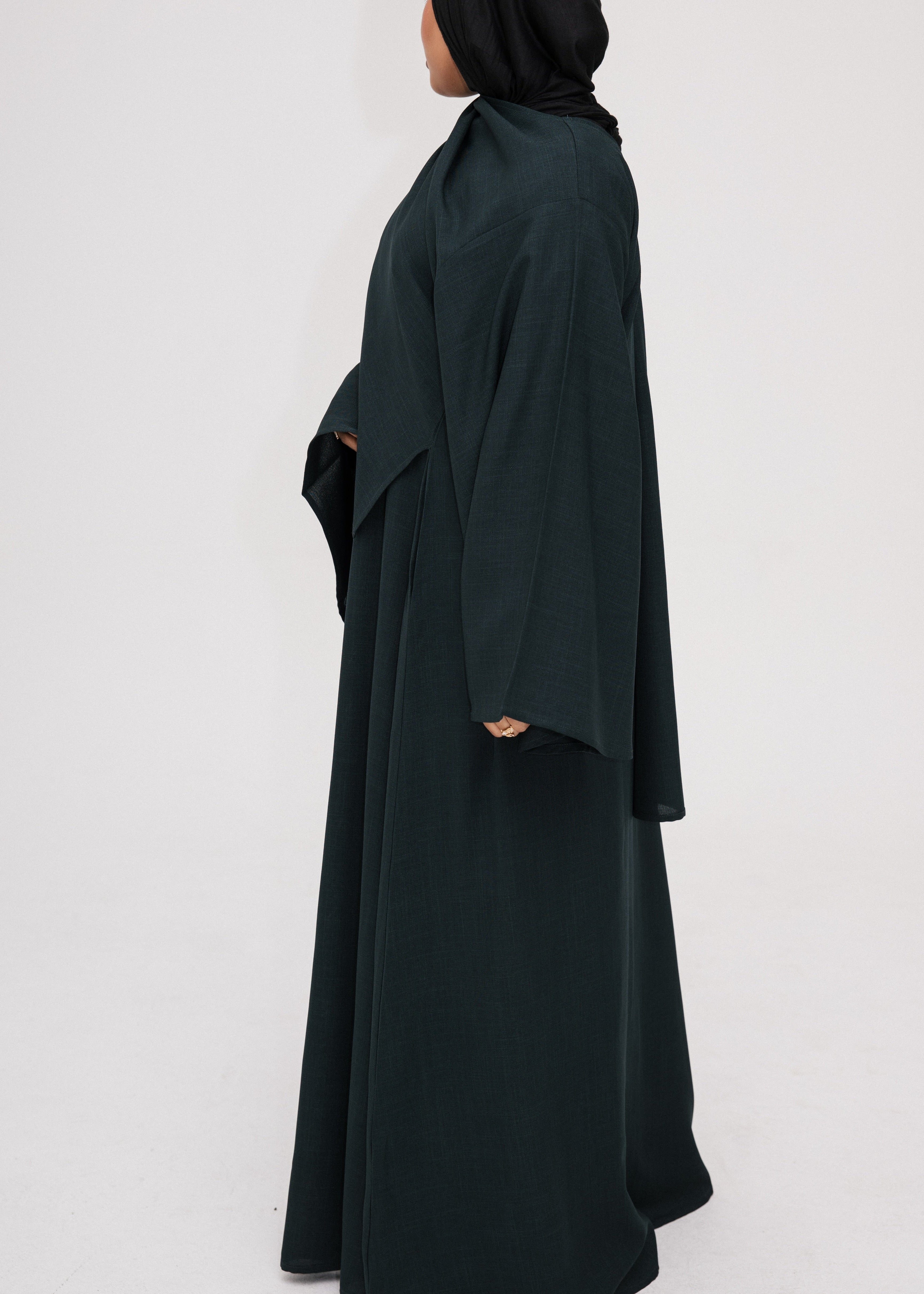 Bottle Green Asymmetric Shawl Abaya | Nida Linen Fabric | Asymmetric Shawl Design | Concealed Buttons | Flowing Silhouette | Casual & Formal Style