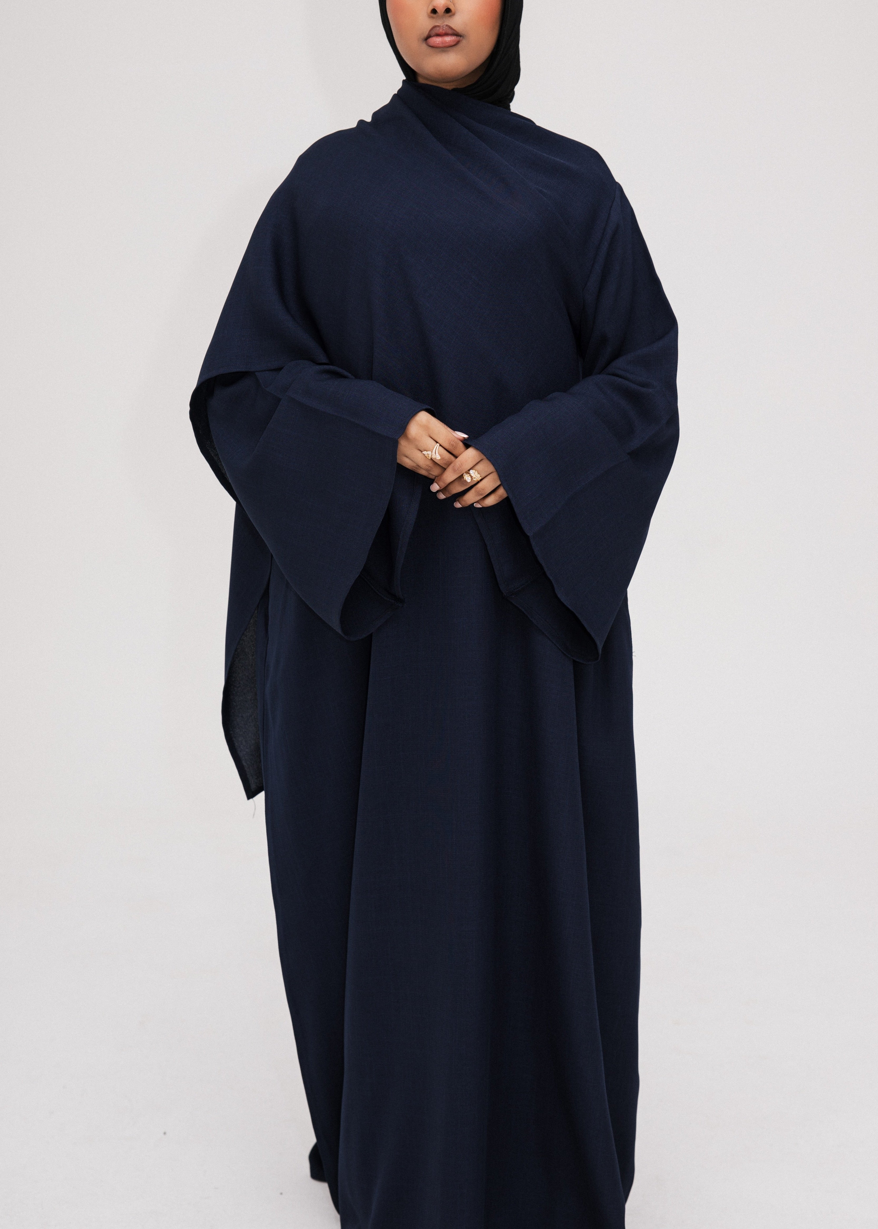 Navy Asymmetric Shawl Abaya | Nida Linen Fabric | Asymmetric Shawl Design | Concealed Buttons | Flowing Silhouette | Casual & Formal Style