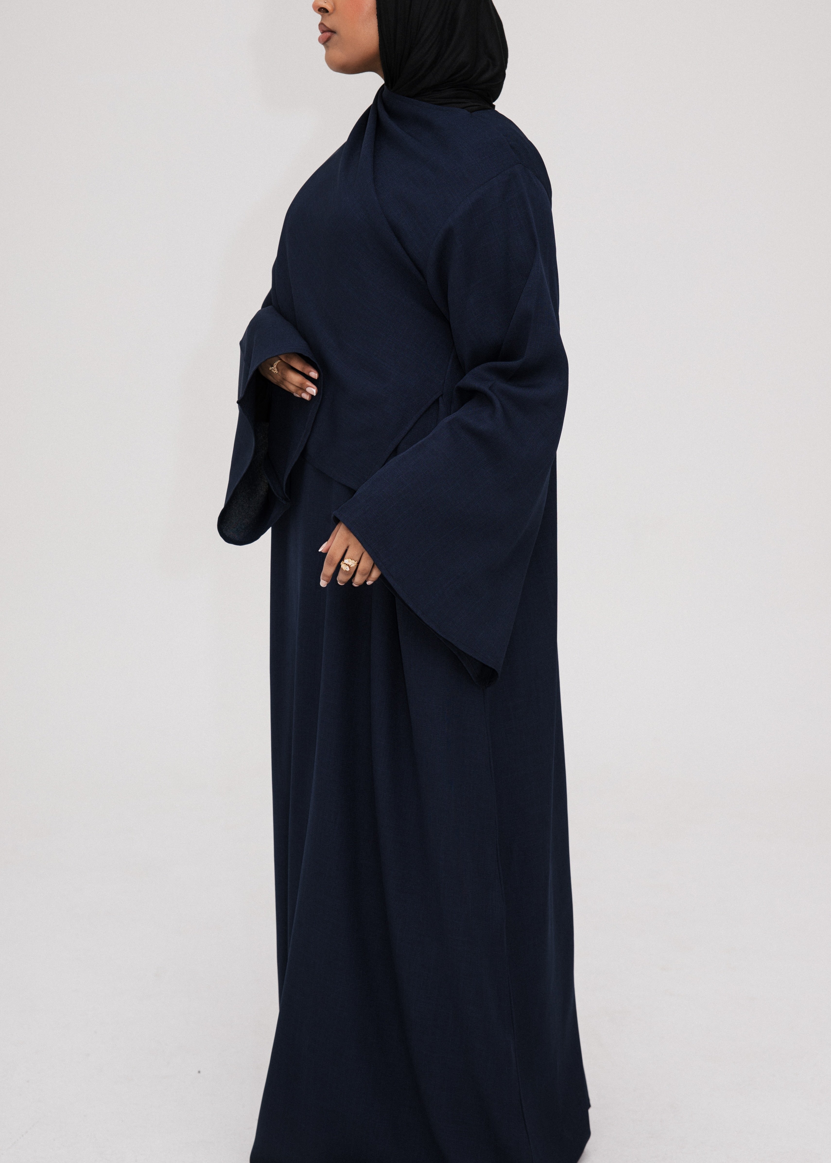 Navy Asymmetric Shawl Abaya | Nida Linen Fabric | Asymmetric Shawl Design | Concealed Buttons | Flowing Silhouette | Casual & Formal Style