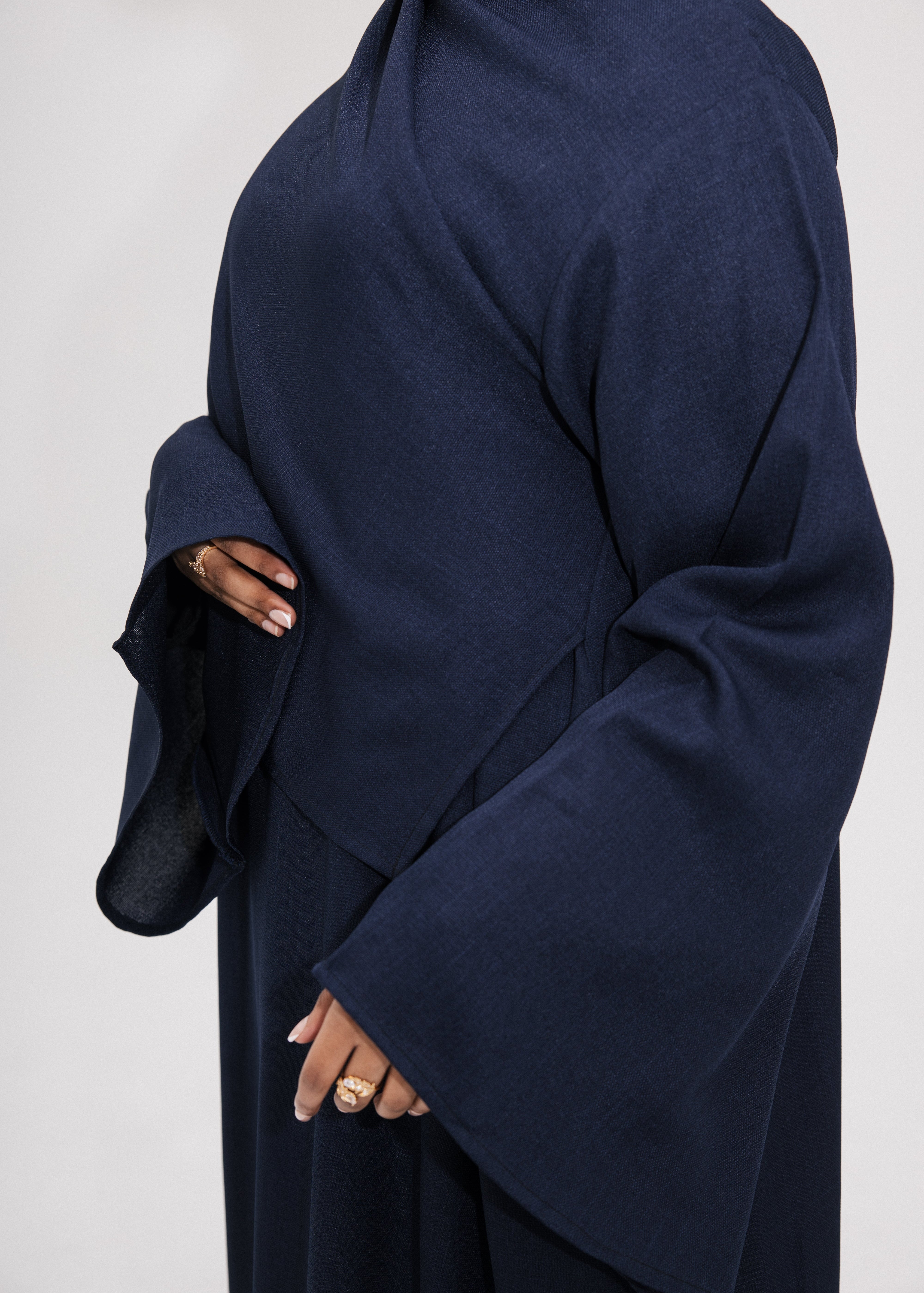 Navy Asymmetric Shawl Abaya | Nida Linen Fabric | Asymmetric Shawl Design | Concealed Buttons | Flowing Silhouette | Casual & Formal Style