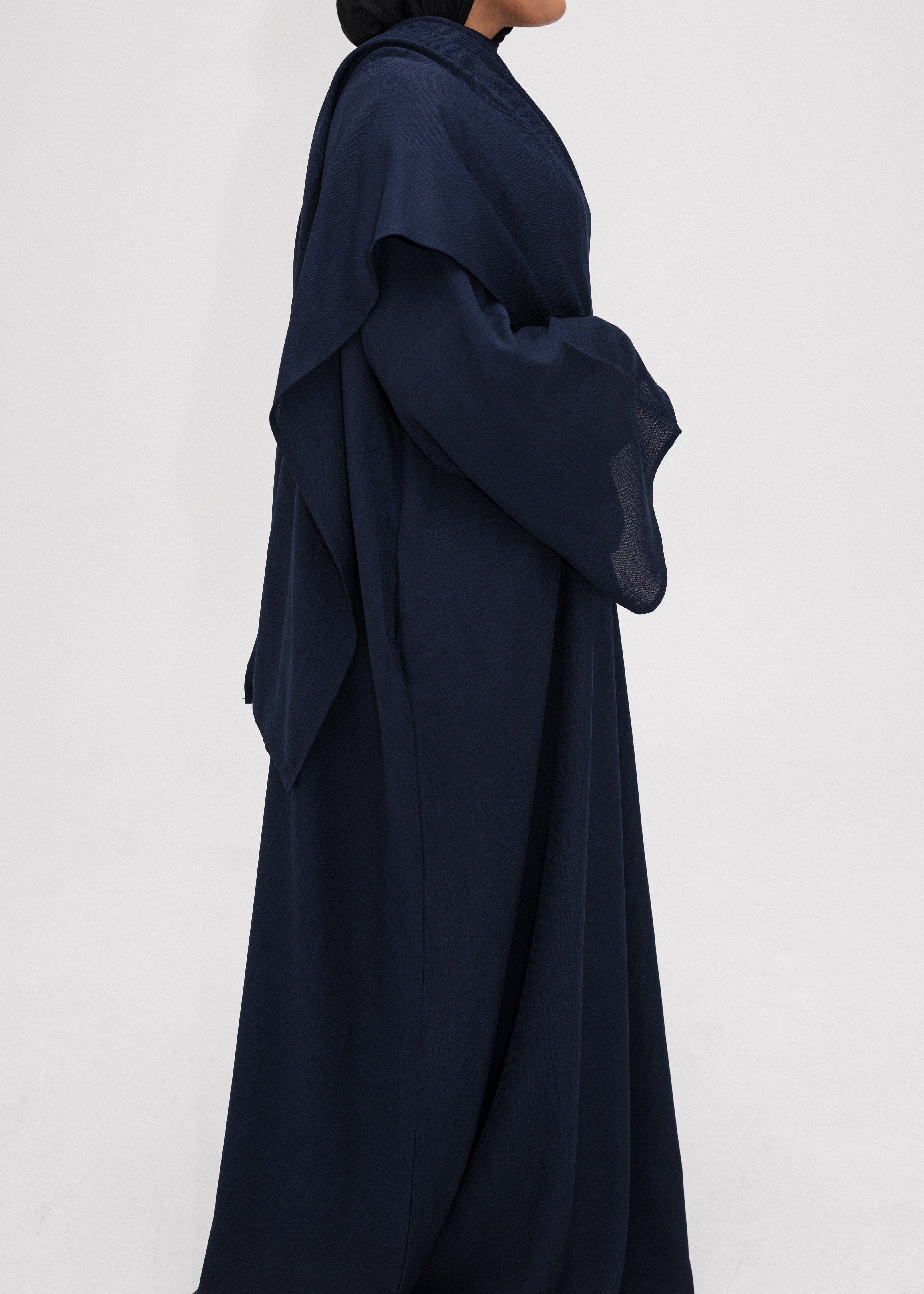 Navy Asymmetric Shawl Abaya | Nida Linen Fabric | Asymmetric Shawl Design | Concealed Buttons | Flowing Silhouette | Casual & Formal Style
