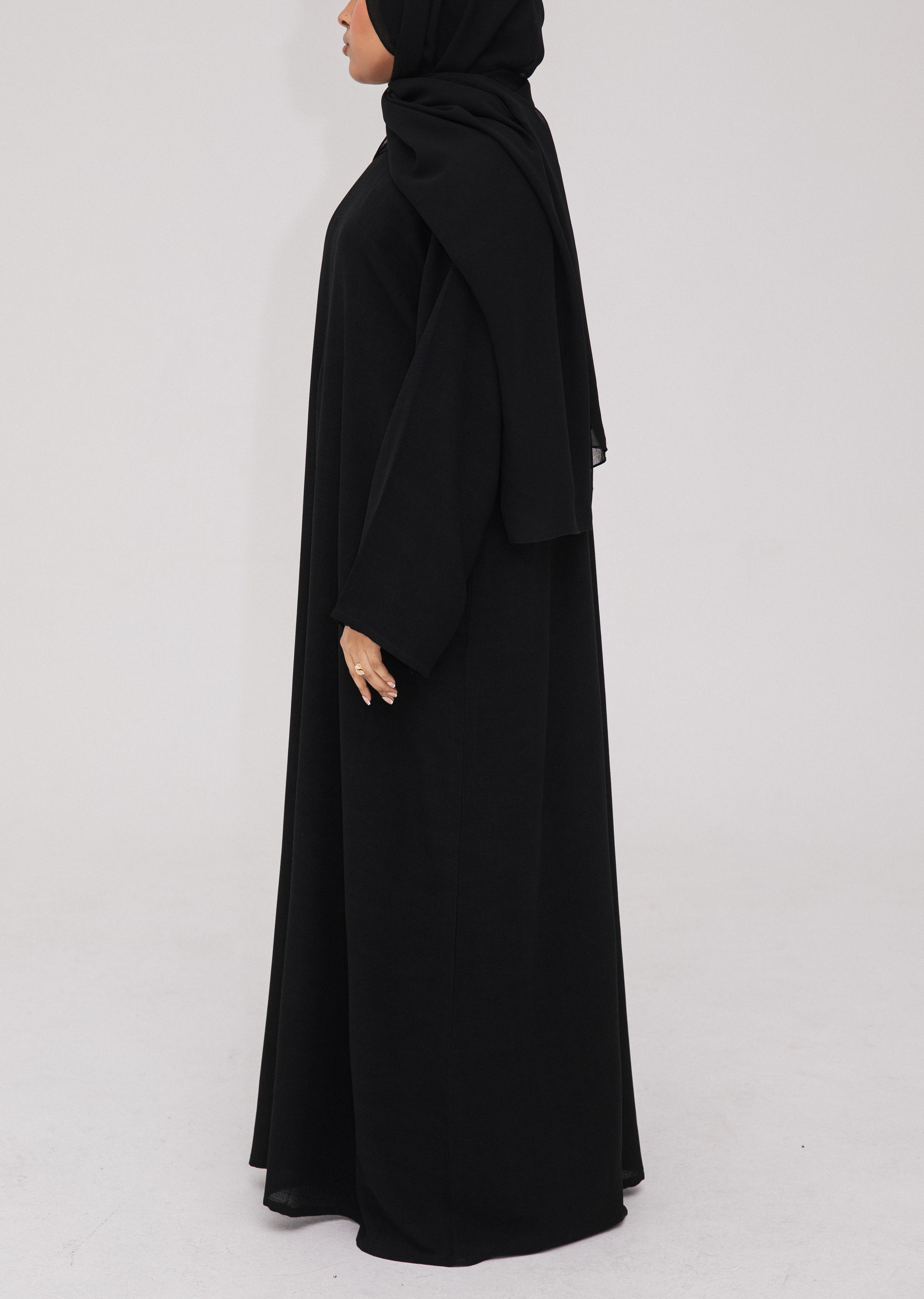 Noir Abaya | Nida Linen Fabric | Concealed Buttons | Sharp Cuffs | Flowing Silhouette | Casual & Formal Style