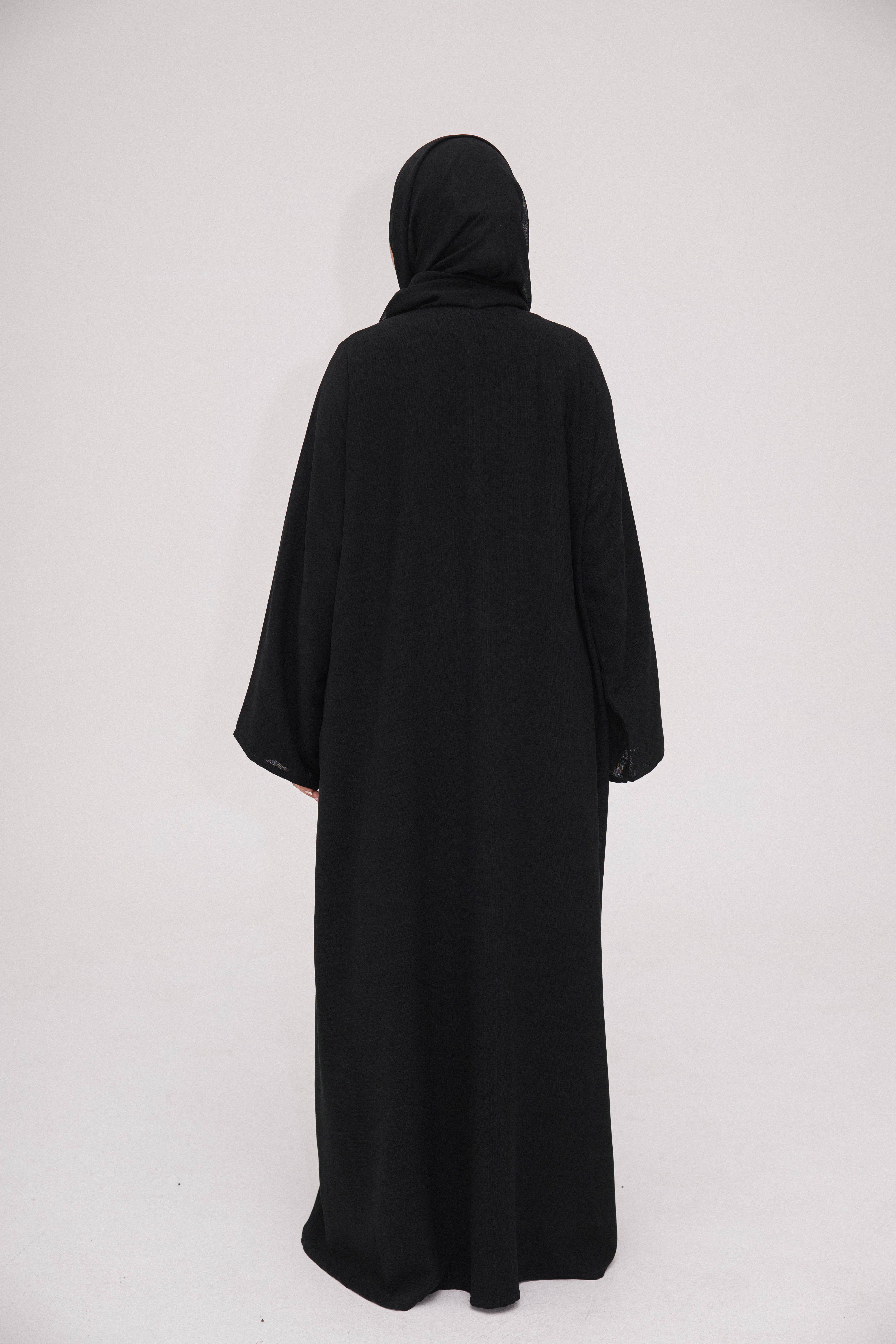 Noir Abaya | Nida Linen Fabric | Concealed Buttons | Sharp Cuffs | Flowing Silhouette | Casual & Formal Style