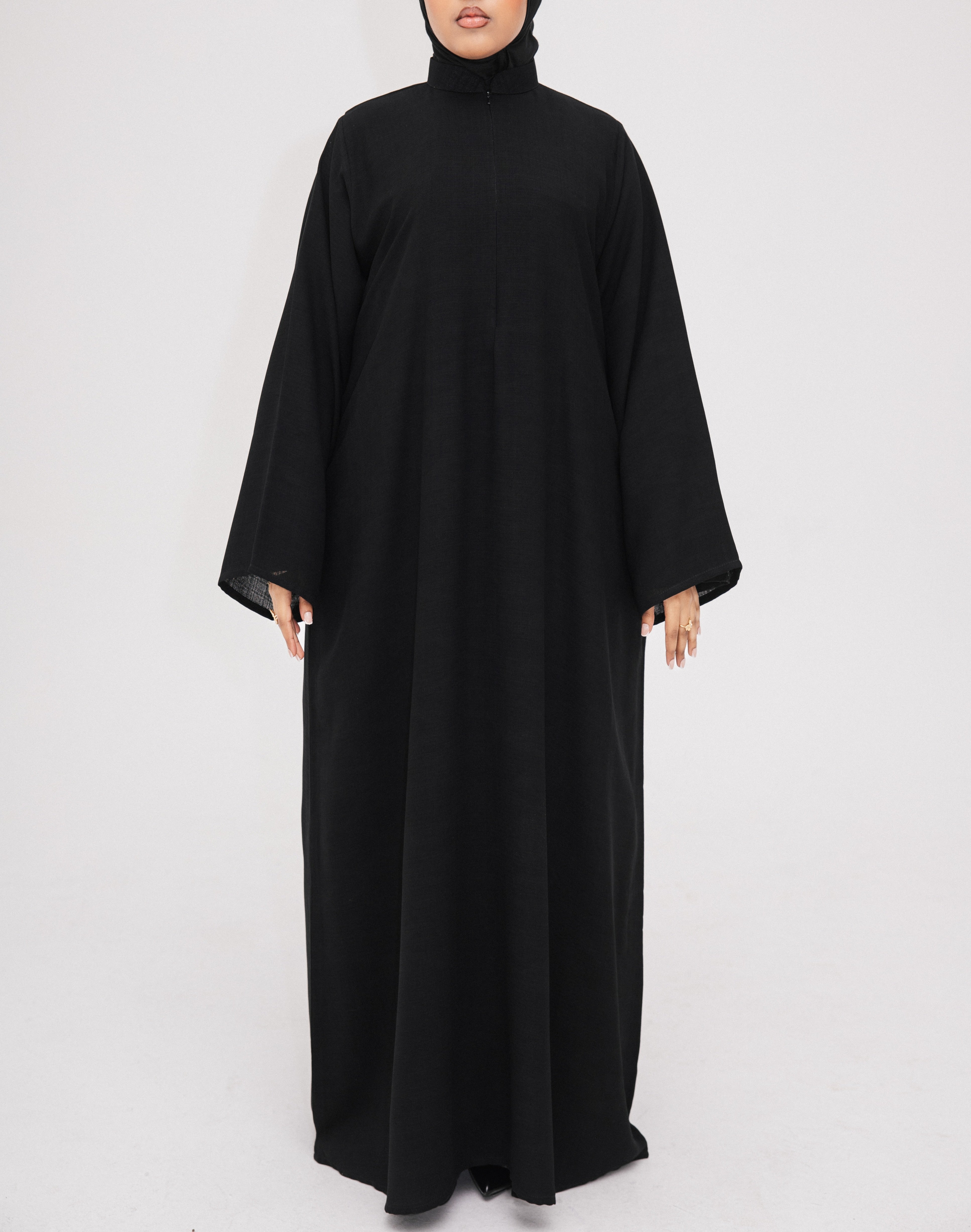 Noir Abaya | Nida Linen Fabric | Concealed Buttons | Sharp Cuffs | Flowing Silhouette | Casual & Formal Style