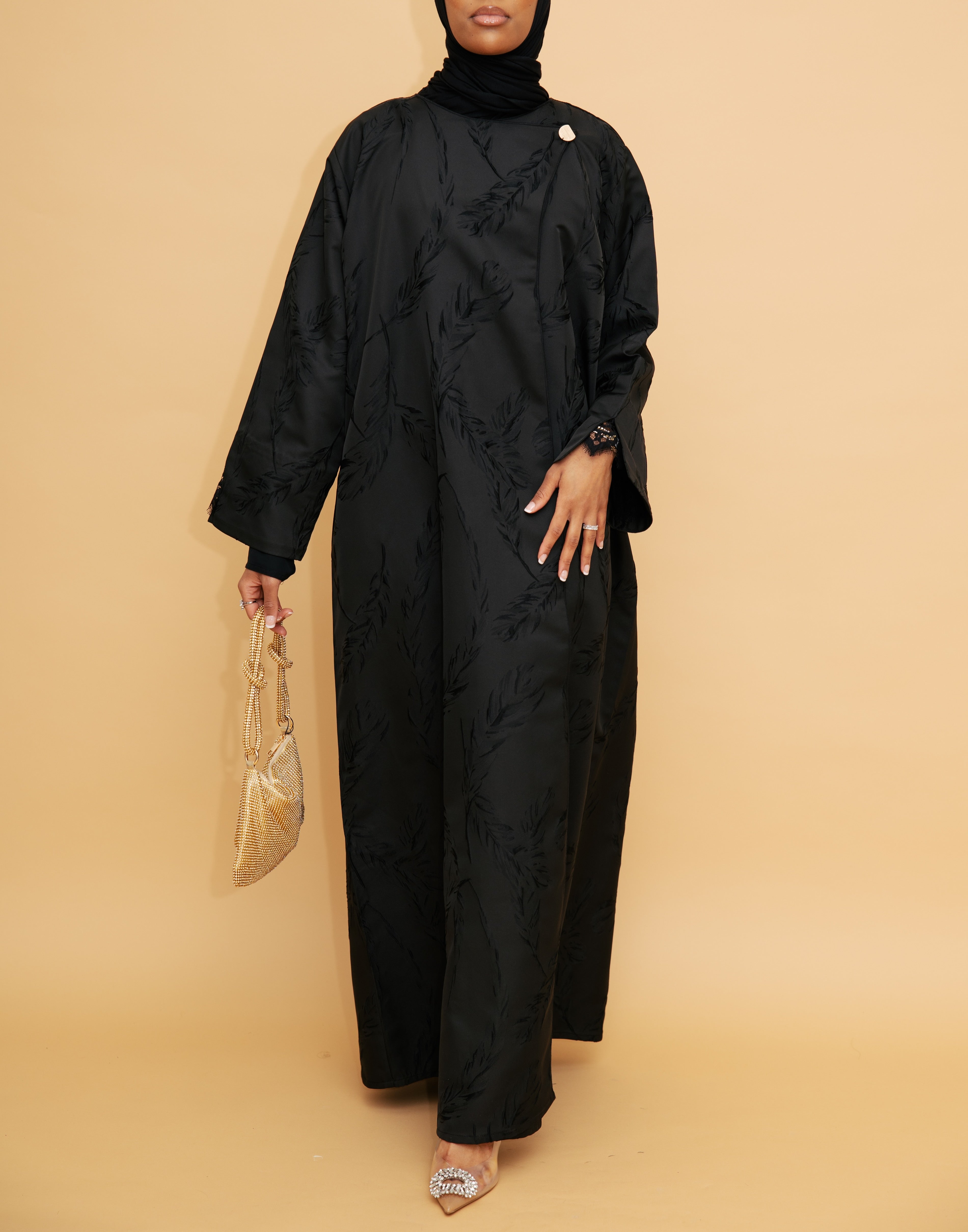 Jacquard Open Abaya | Premium Jacquard Fabric | Open Front Design | Elegant Detailing | Flowing Silhouette | Casual & Formal Style