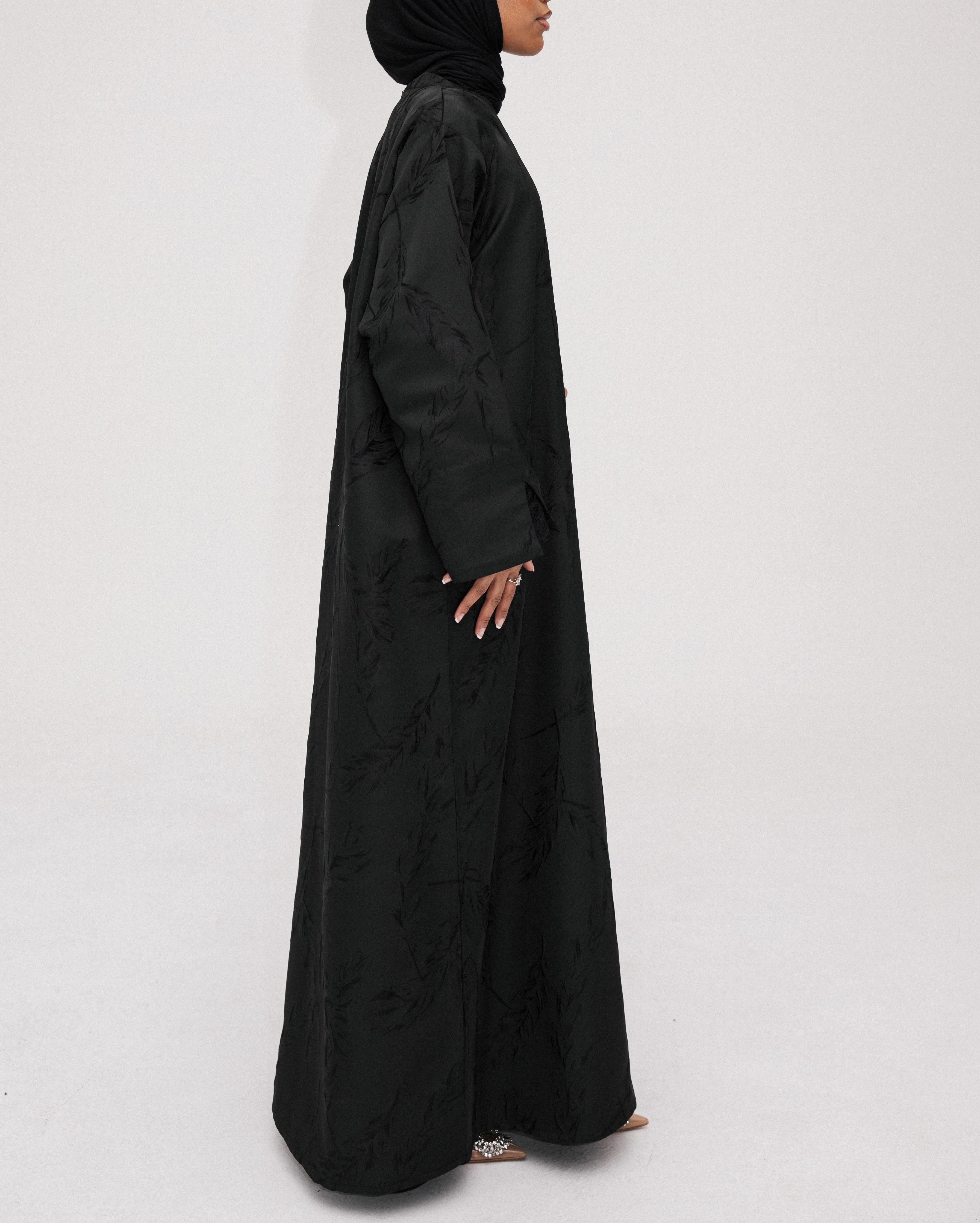 Jacquard Open Abaya | Premium Jacquard Fabric | Open Front Design | Elegant Detailing | Flowing Silhouette | Casual & Formal Style