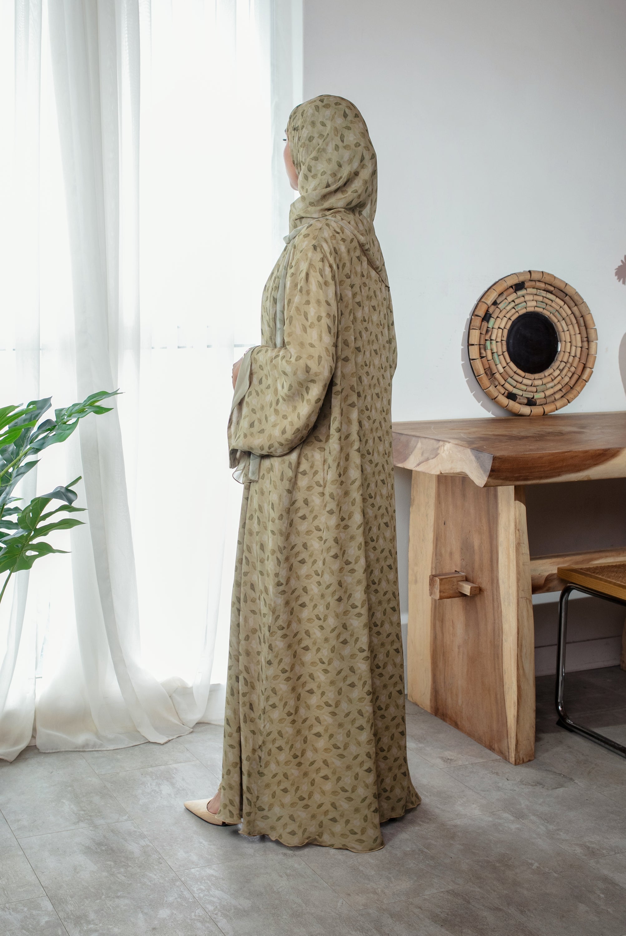 Sage Blossom Abaya | Nida Linen Fabric | Concealed Buttons | Sharp Cuffs | Flowing Silhouette | Casual & Formal Style