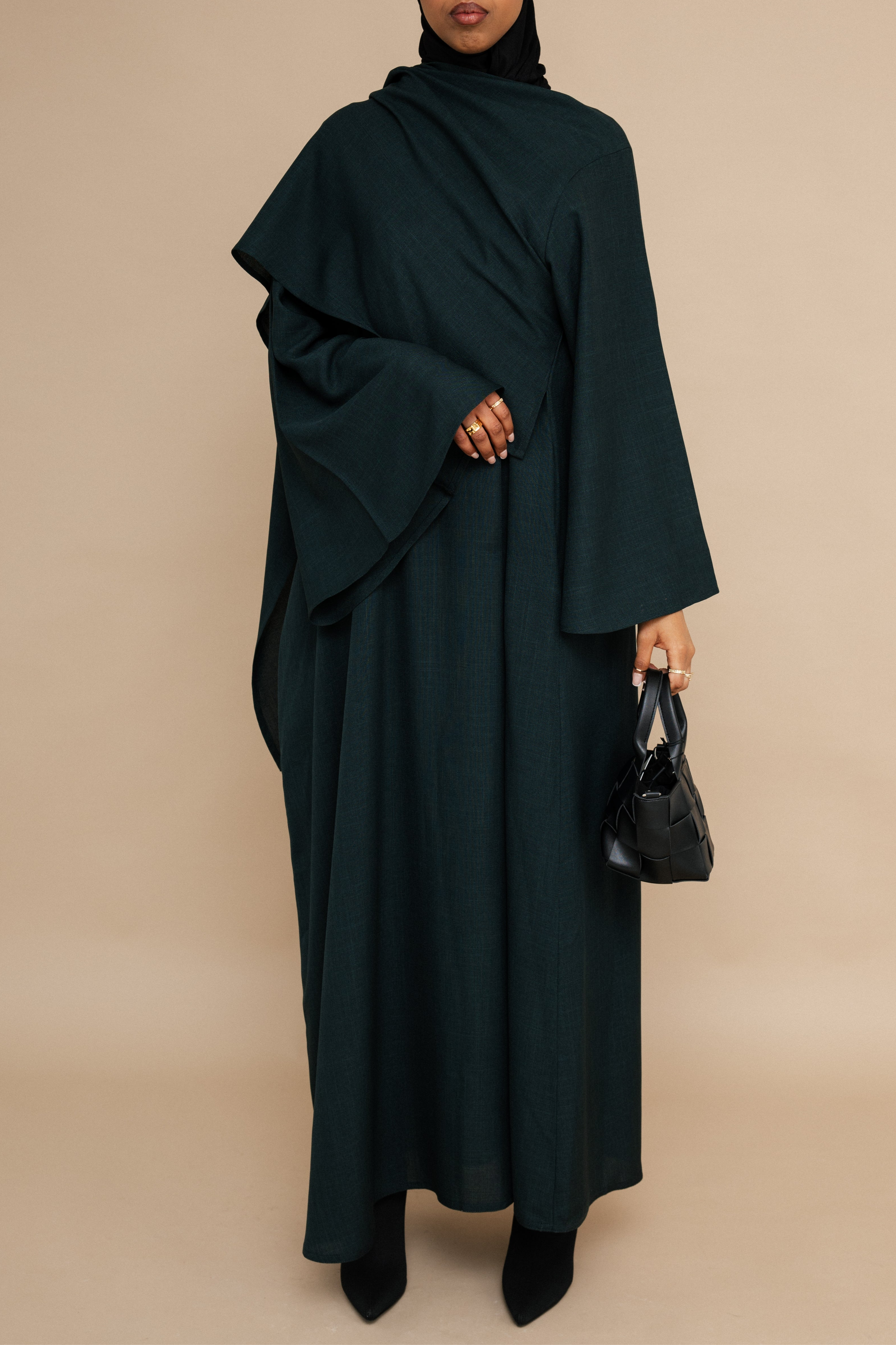 Bottle Green Asymmetric Shawl Abaya | Nida Linen Fabric | Asymmetric Shawl Design | Concealed Buttons | Flowing Silhouette | Casual & Formal Style