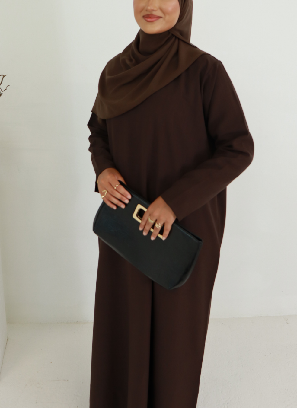 Dark Brown Essential Abaya | Nida Linen Fabric | Concealed Buttons | Sharp Cuffs | Flowing Silhouette | Casual & Formal Style