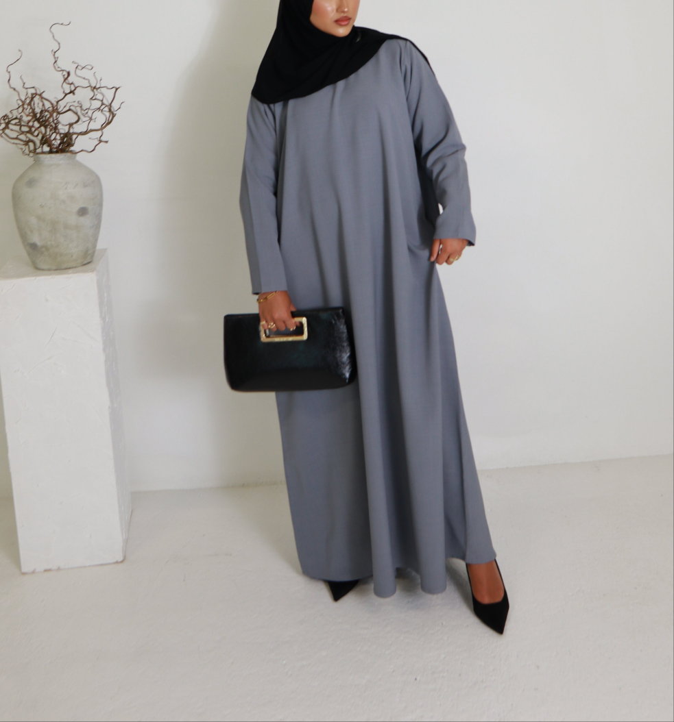 Grey Essential Abaya | Nida Linen Fabric | Concealed Buttons | Sharp Cuffs | Flowing Silhouette | Casual & Formal Style