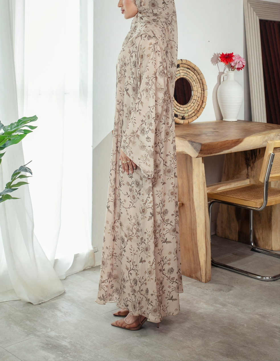 Henna Blossom Abaya | Nida Linen Fabric | Concealed Buttons | Sharp Cuffs | Flowing Silhouette | Casual & Formal Style
