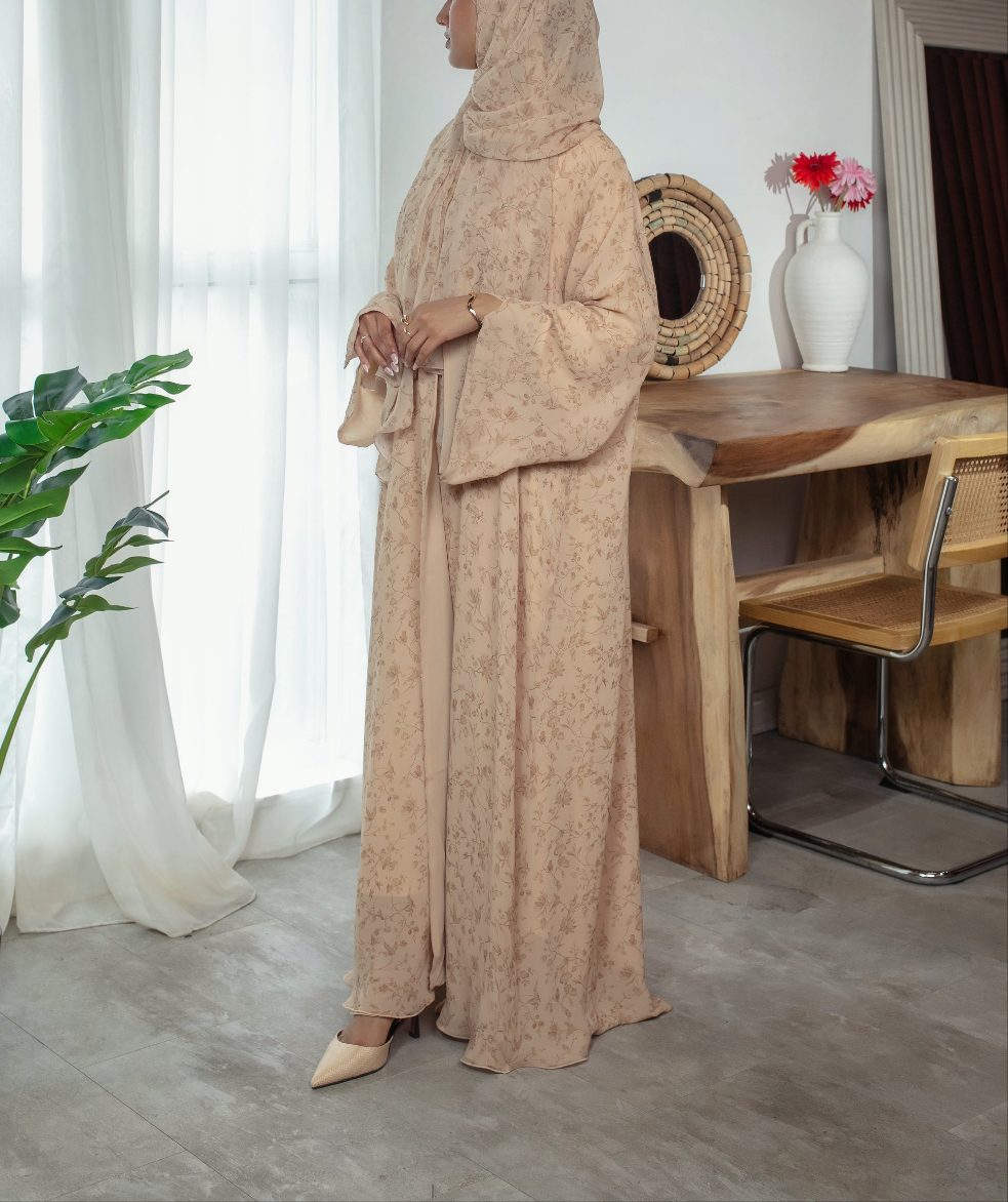 Desert Blossom Abaya | Nida Linen Fabric | Concealed Buttons | Sharp Cuffs | Flowing Silhouette | Casual & Formal Style