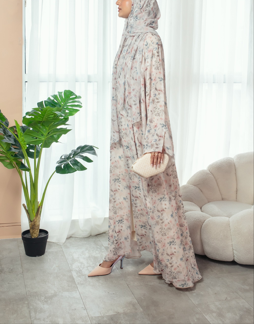 Blush Blossom Abaya | Nida Linen Fabric | Concealed Buttons | Sharp Cuffs | Flowing Silhouette | Casual & Formal Style