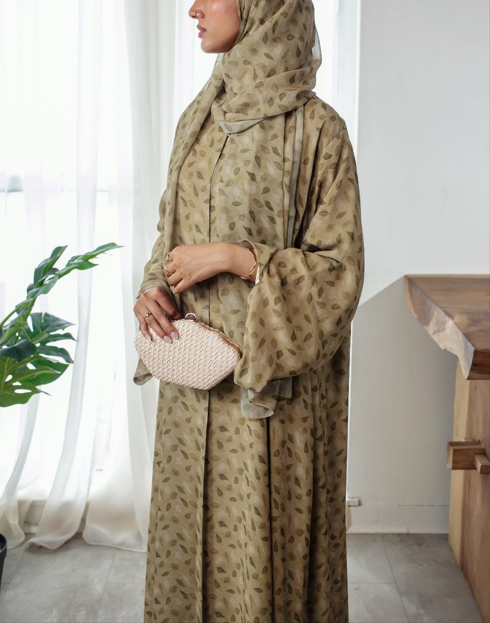 Sage Blossom Abaya | Nida Linen Fabric | Concealed Buttons | Sharp Cuffs | Flowing Silhouette | Casual & Formal Style