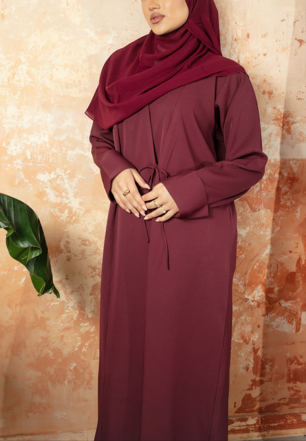 Burgundy Bella Abaya | Nida Linen Fabric | Concealed Buttons | Sharp Cuffs | Flowing Silhouette | Casual & Formal Style