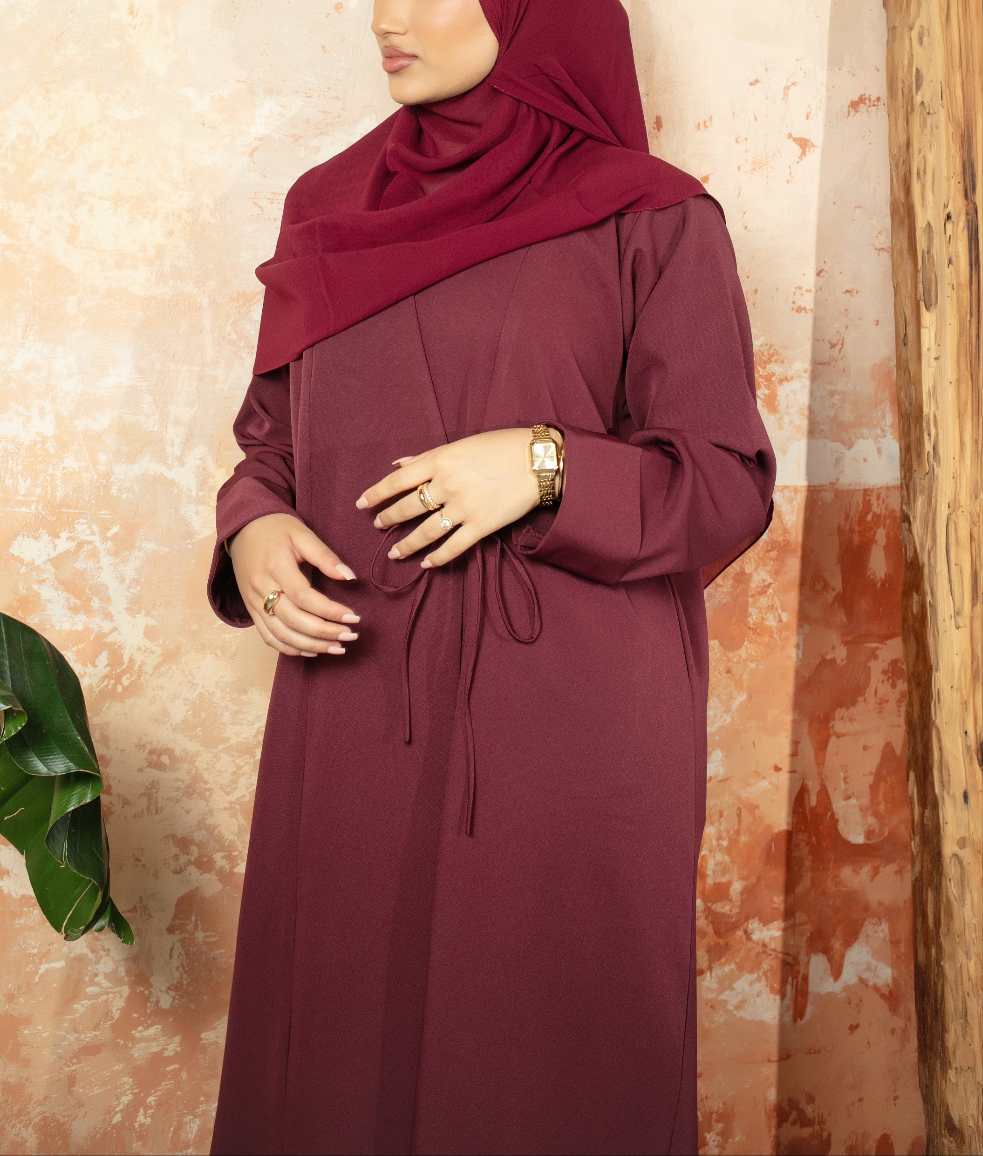 Burgundy Bella Abaya | Nida Linen Fabric | Concealed Buttons | Sharp Cuffs | Flowing Silhouette | Casual & Formal Style