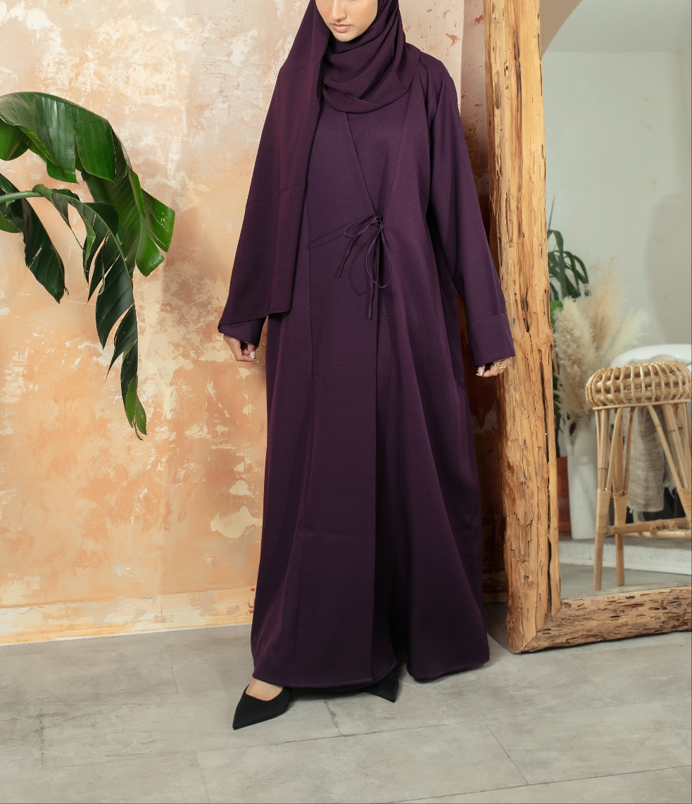 Plum Bella Abaya | Nida Linen Fabric | Concealed Buttons | Sharp Cuffs | Flowing Silhouette | Casual & Formal Style