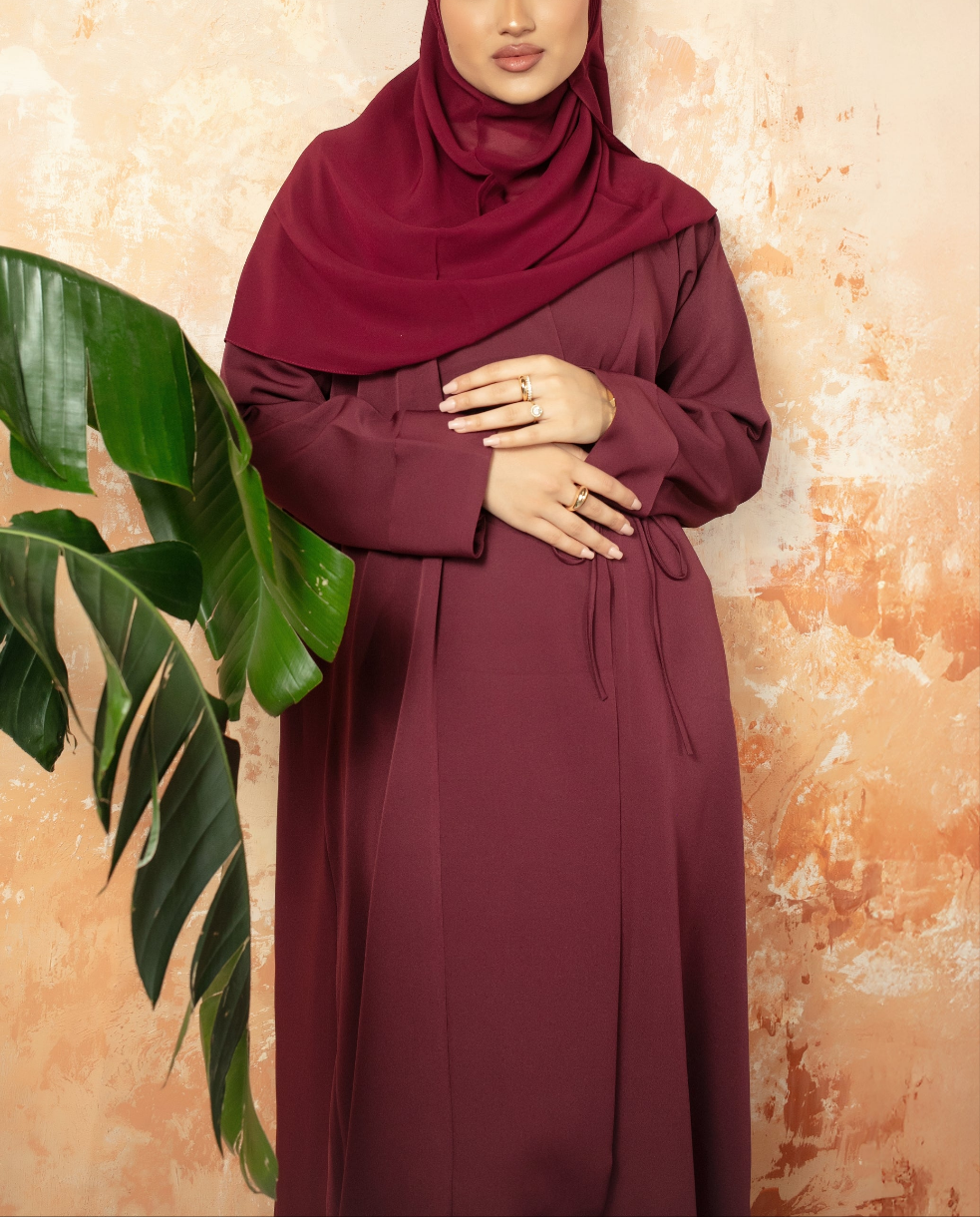 Burgundy Bella Abaya | Nida Linen Fabric | Concealed Buttons | Sharp Cuffs | Flowing Silhouette | Casual & Formal Style