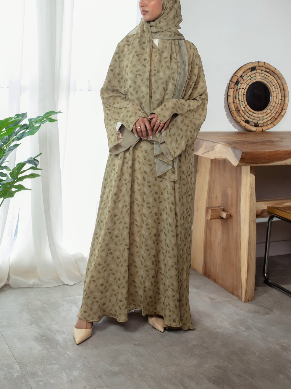 Sage Blossom Abaya | Nida Linen Fabric | Concealed Buttons | Sharp Cuffs | Flowing Silhouette | Casual & Formal Style