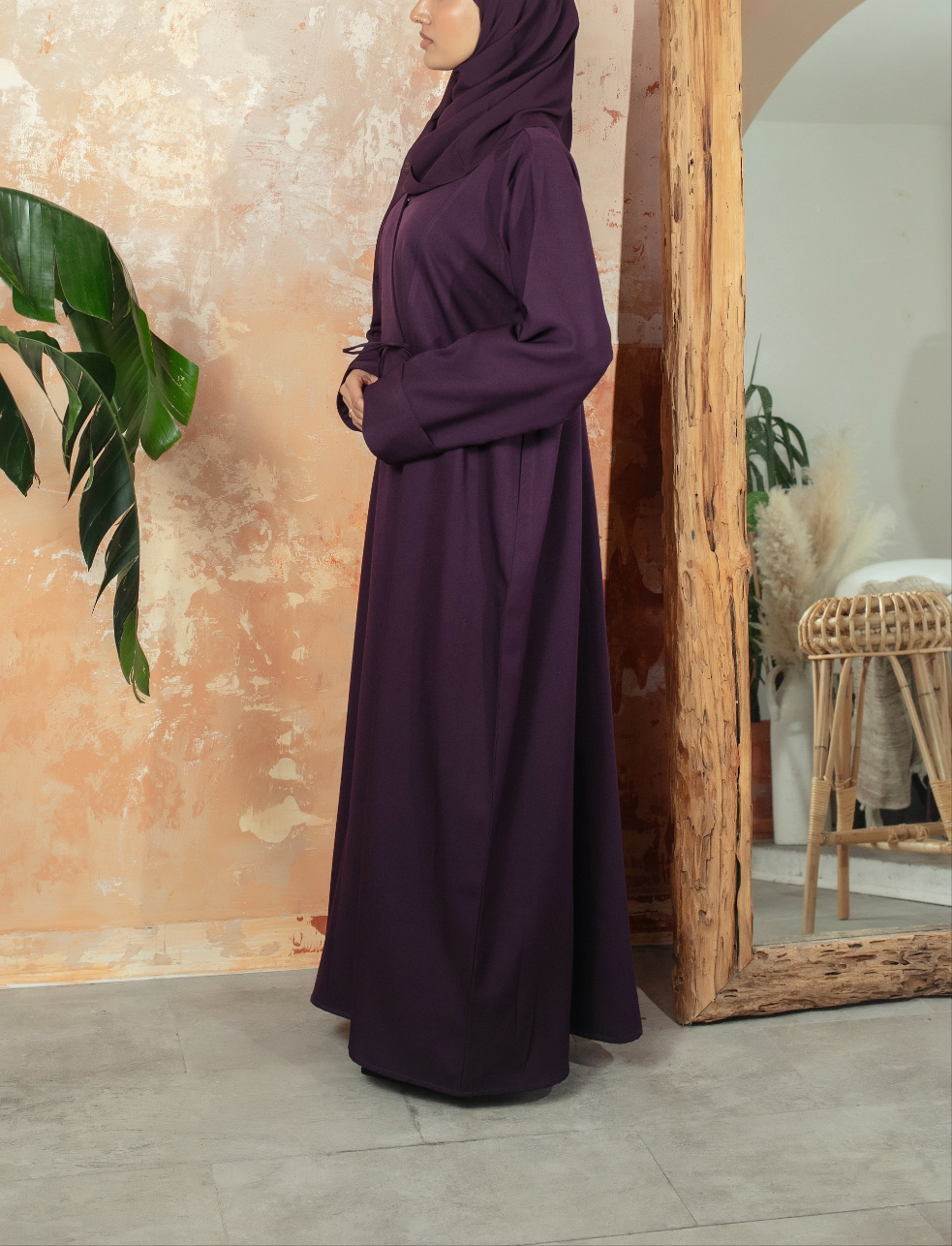 Plum Bella Abaya | Nida Linen Fabric | Concealed Buttons | Sharp Cuffs | Flowing Silhouette | Casual & Formal Style
