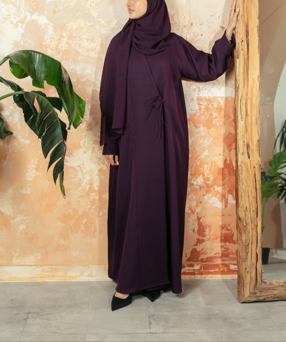 Plum Bella Abaya | Nida Linen Fabric | Concealed Buttons | Sharp Cuffs | Flowing Silhouette | Casual & Formal Style